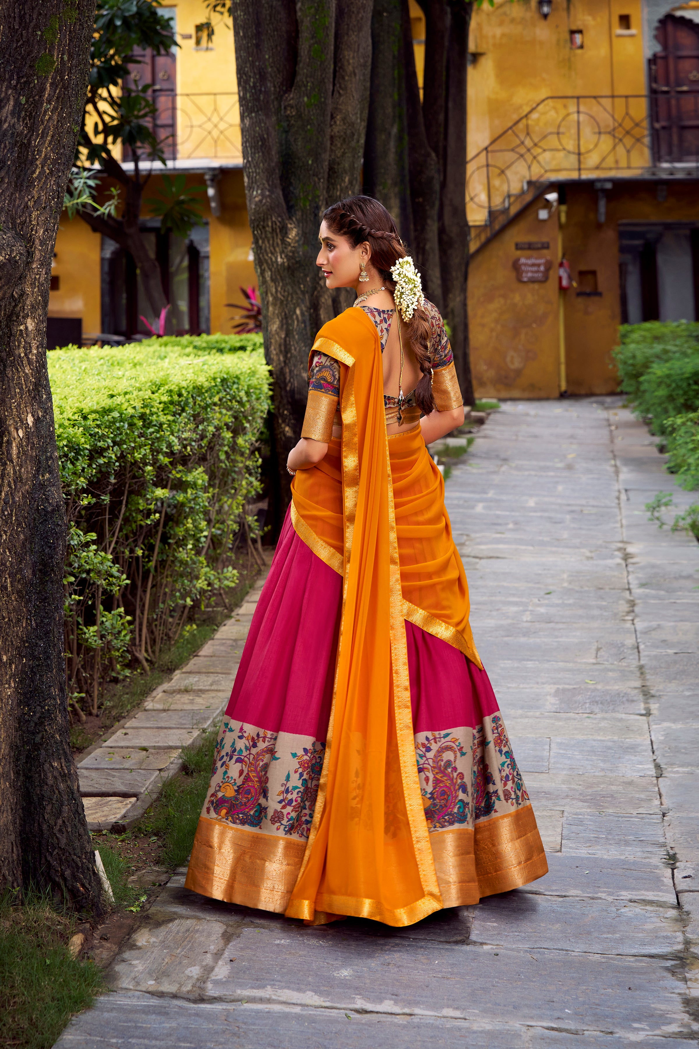 Avni Pink Color Aastha Silk Printed Zari Weaving Half Saree Lehenga