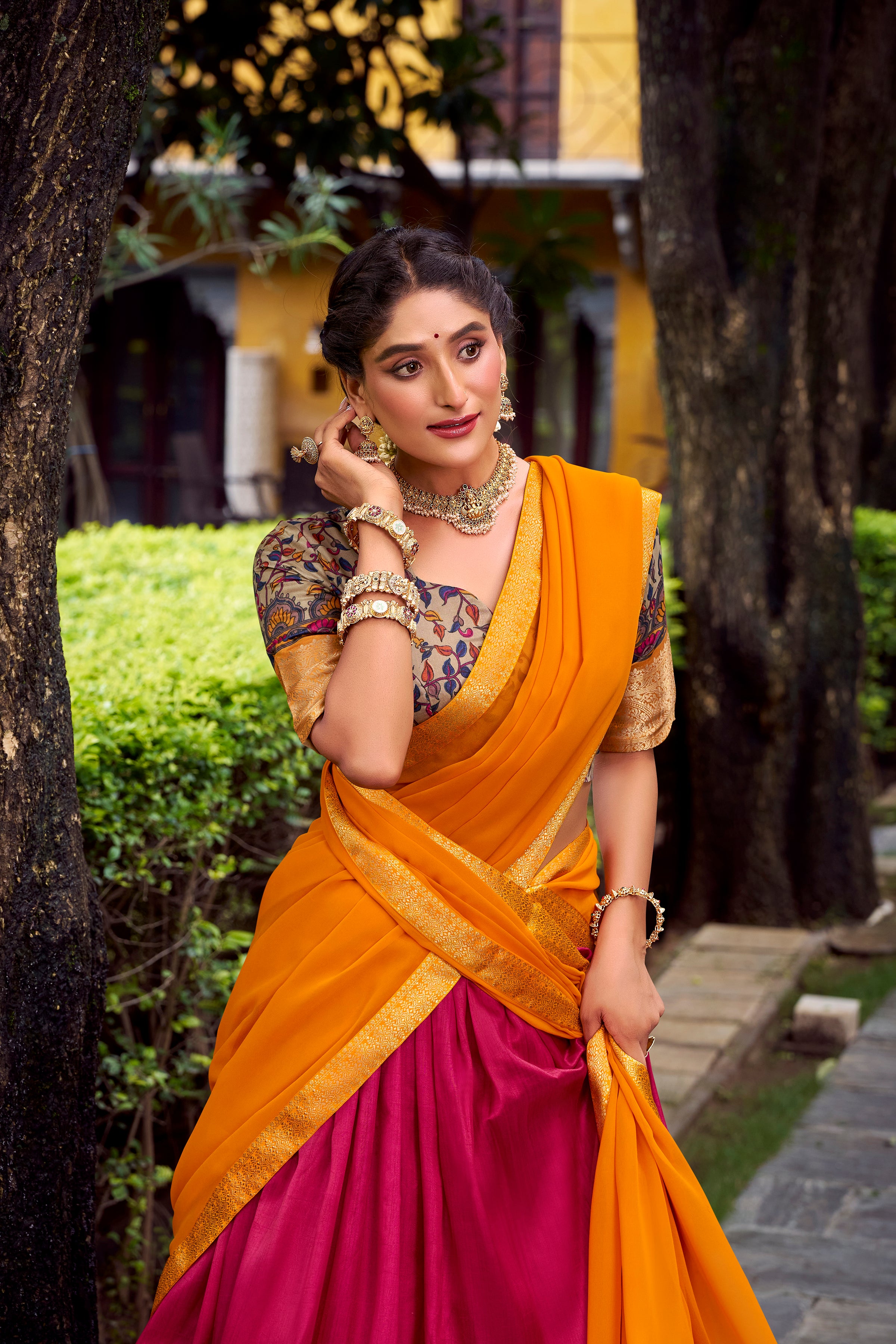 Avni Pink Color Aastha Silk Printed Zari Weaving Half Saree Lehenga