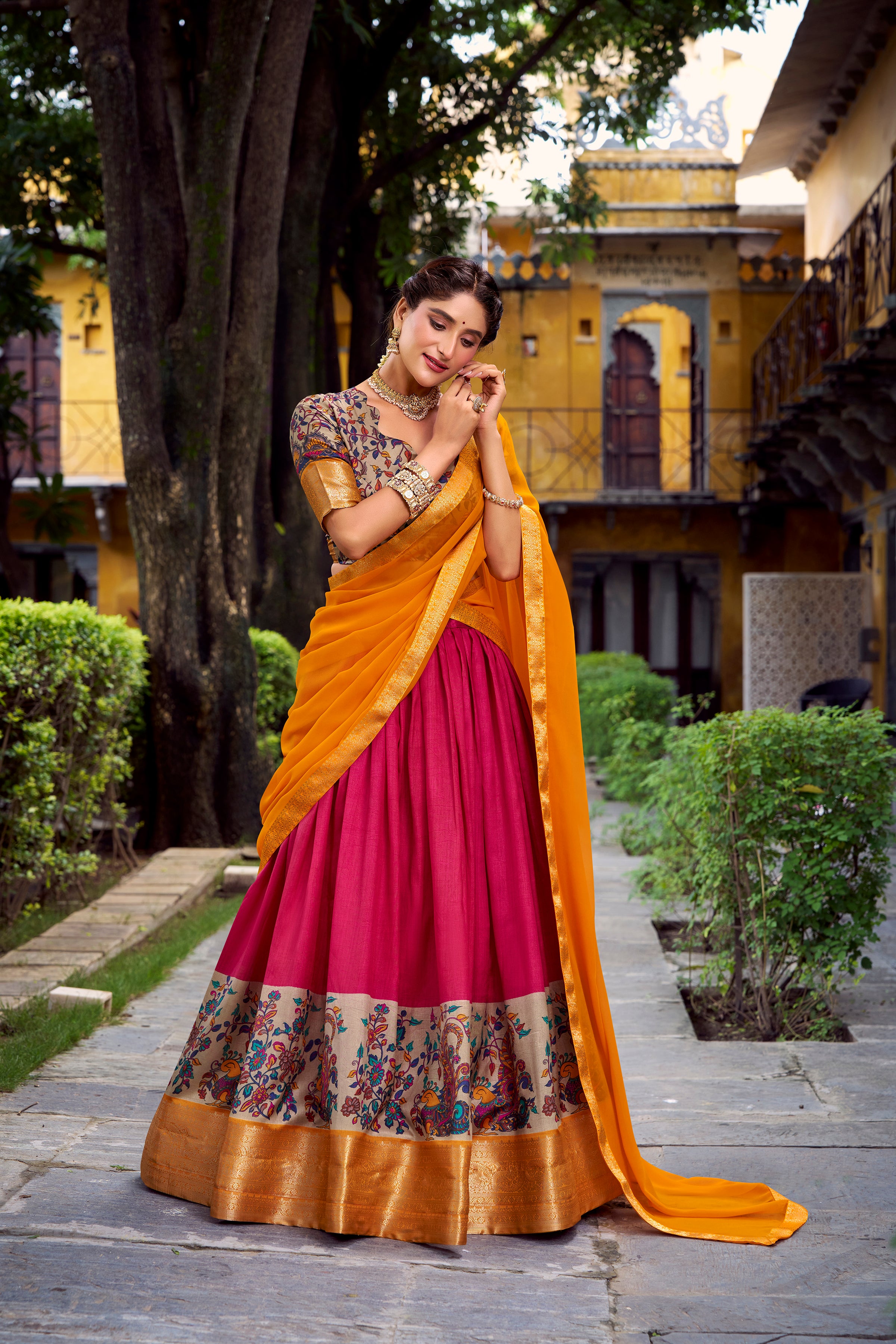Avni Pink Color Aastha Silk Printed Zari Weaving Half Saree Lehenga