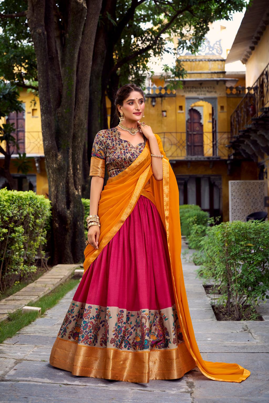 Avni Pink Color Aastha Silk Printed Zari Weaving Half Saree Lehenga