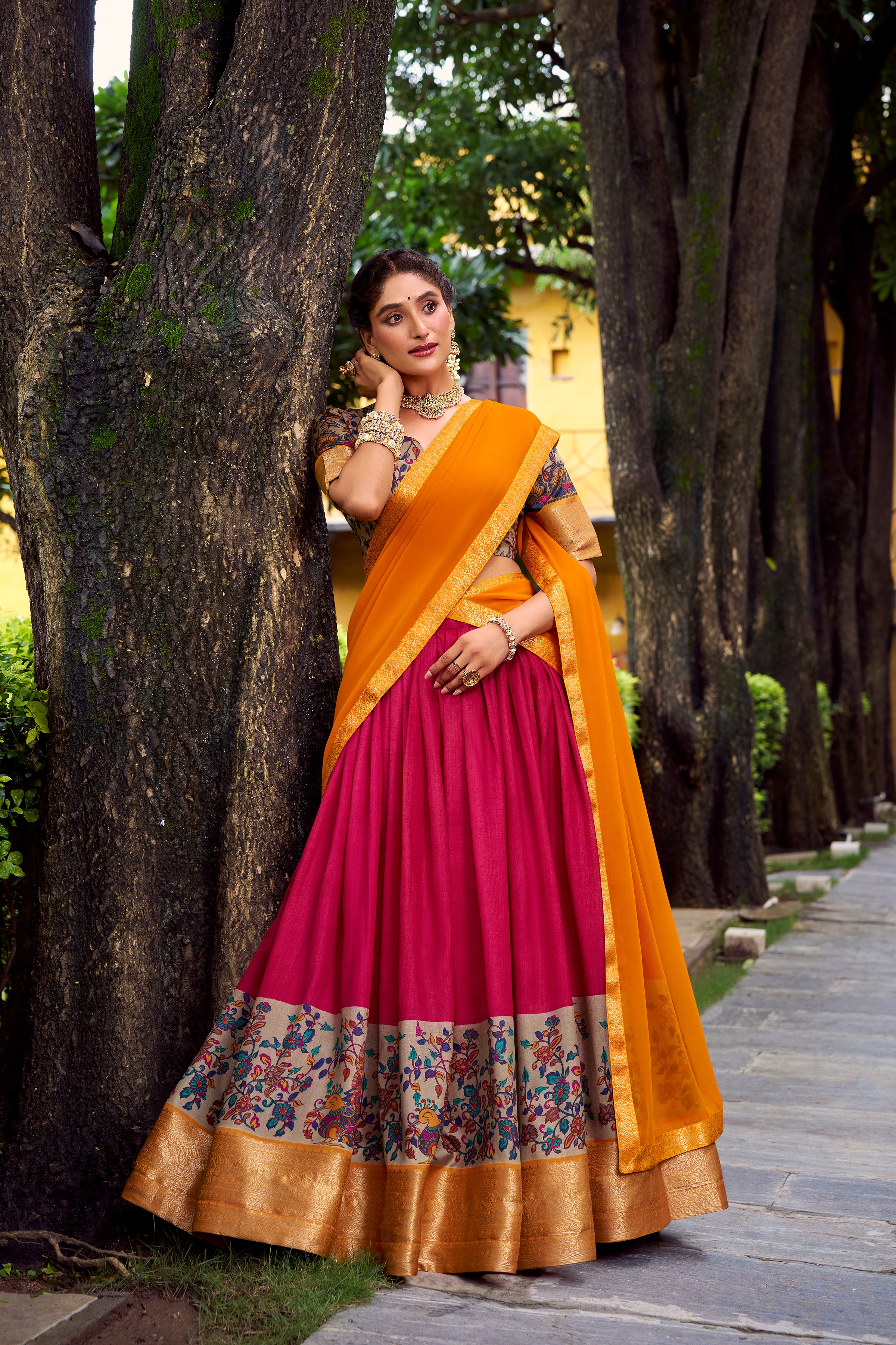 Avni Pink Color Aastha Silk Printed Zari Weaving Half Saree Lehenga