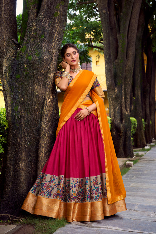 Avni pink Aastha silk printed zari weaving half saree lehenga
