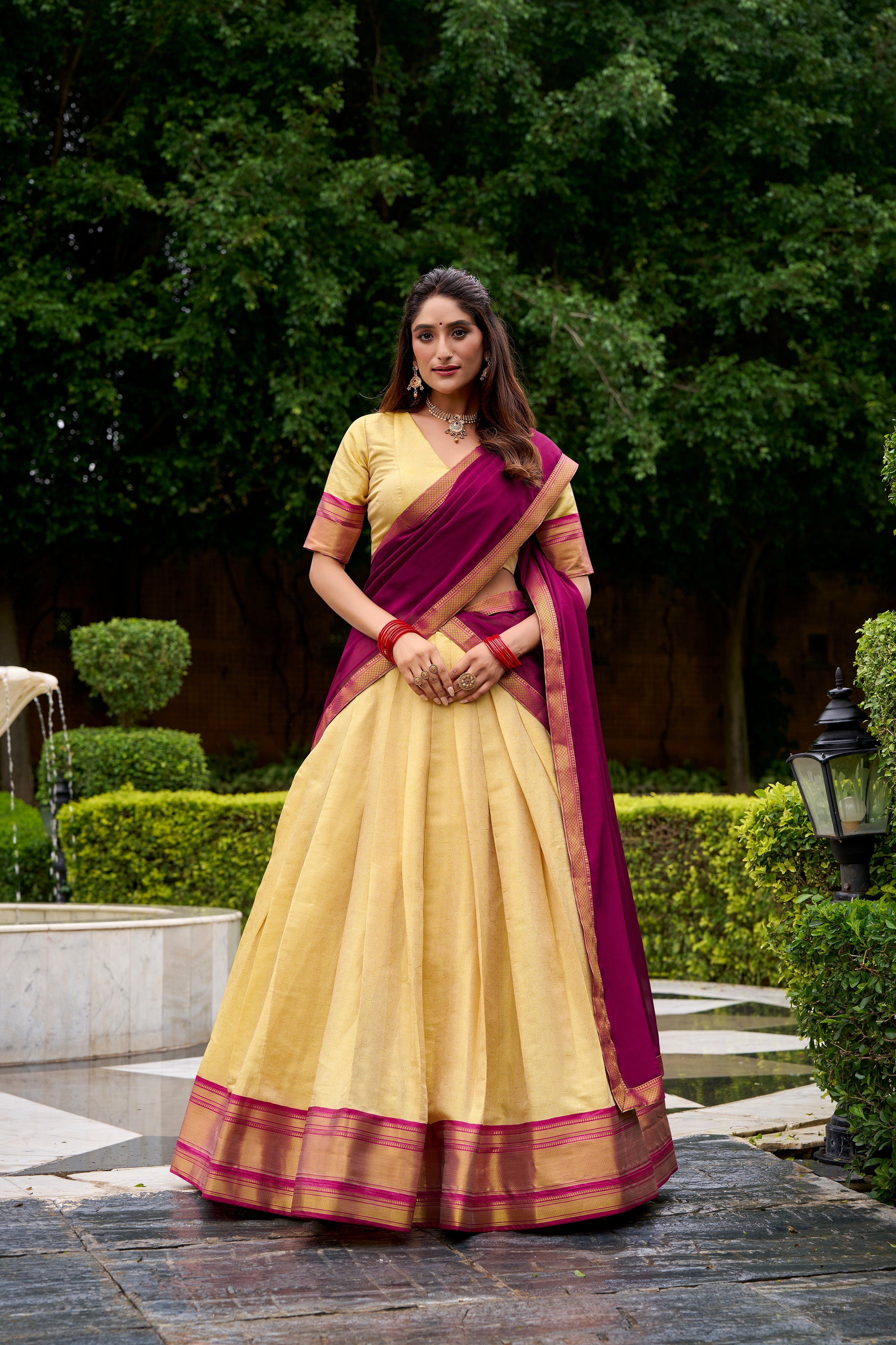 Pink Color Kanchipuram Silk Zari Weaving Half Saree Lehenga Choli