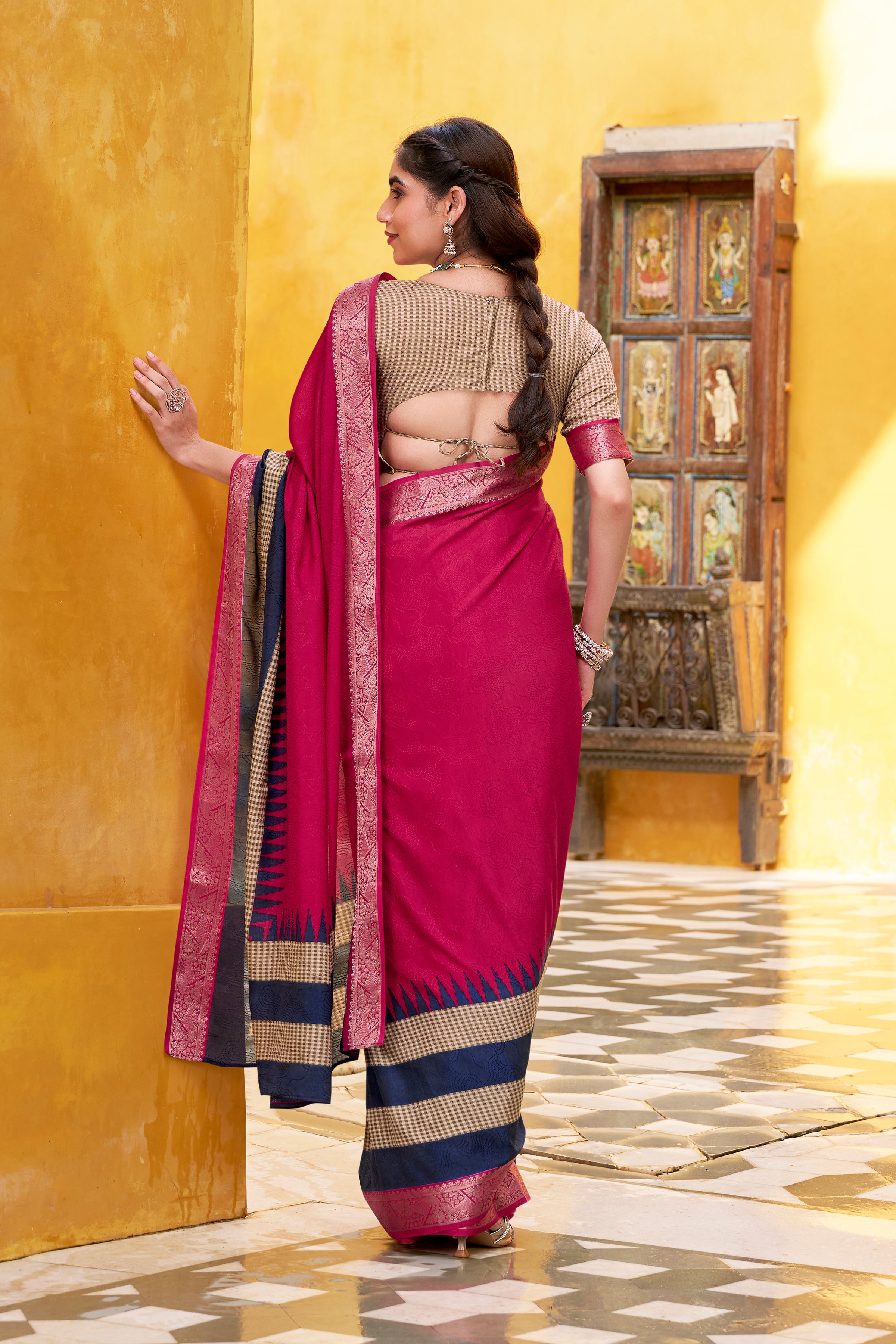 Pink Color Poly Cotton Printed Saree with Zari Weaving Border and Blouse
