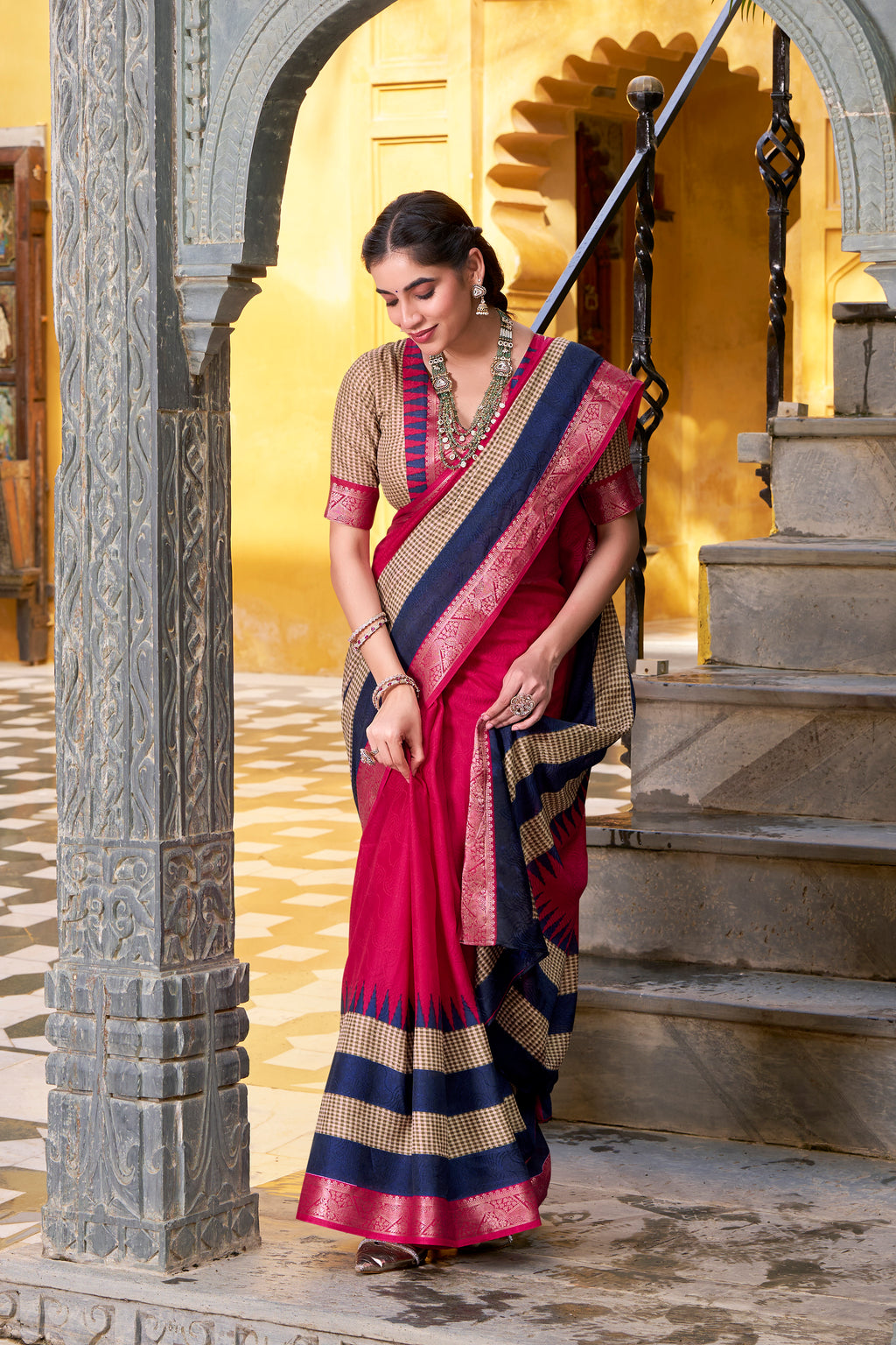 Pink Color Poly Cotton Printed Saree with Zari Weaving Border and Blouse