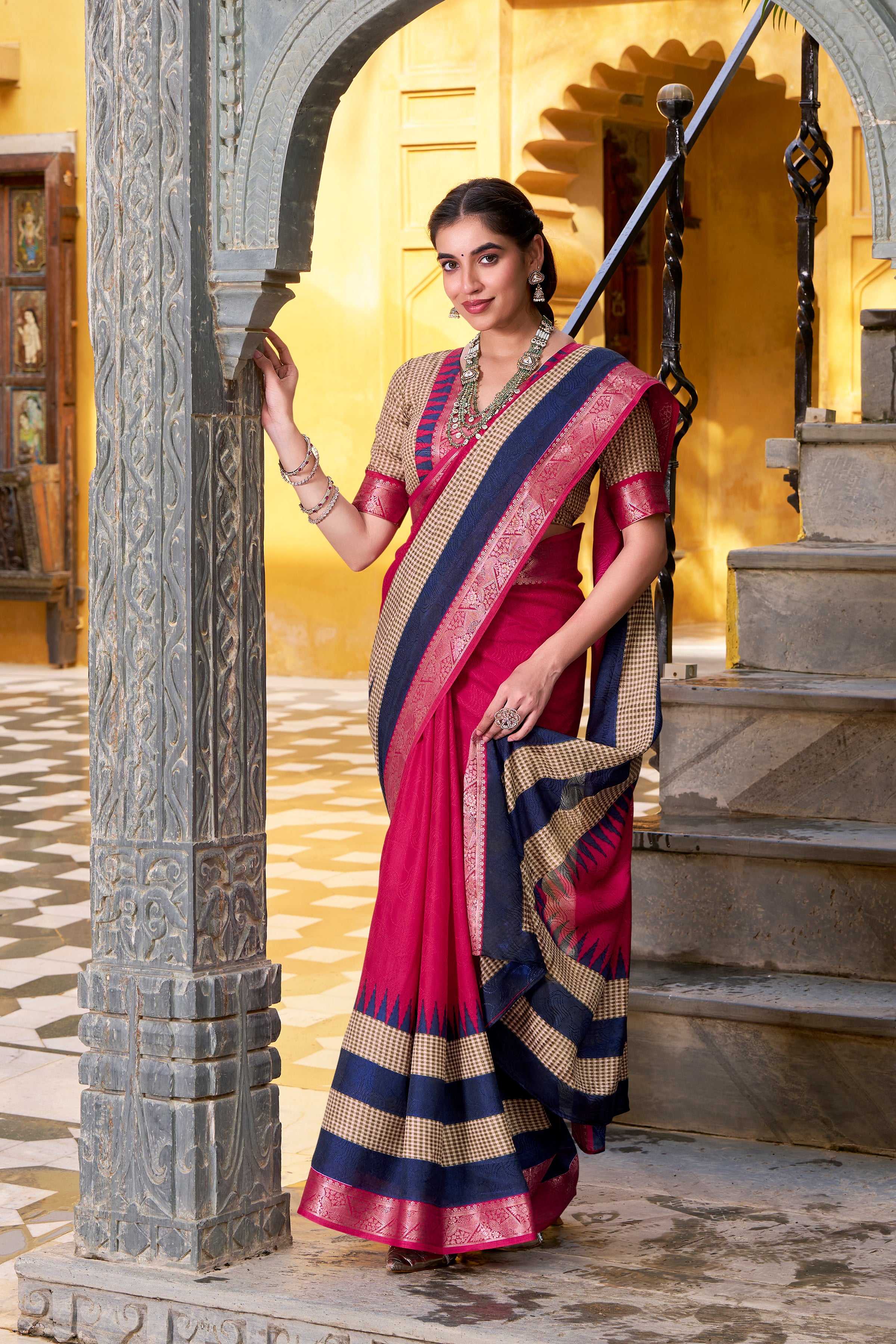 Pink Color Poly Cotton Printed Saree with Zari Weaving Border and Blouse