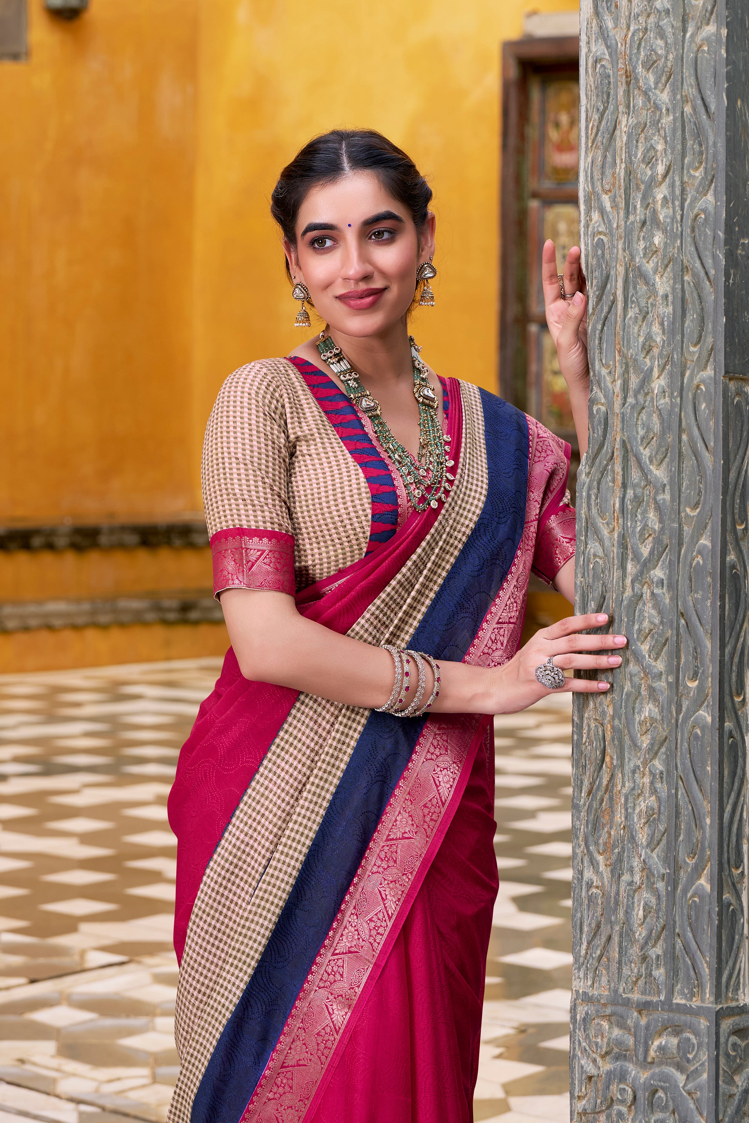 Pink Color Poly Cotton Printed Saree with Zari Weaving Border and Blouse