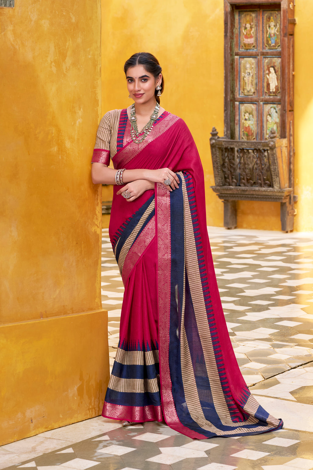 Pink Color Poly Cotton Printed Saree with Zari Weaving Border and Blouse