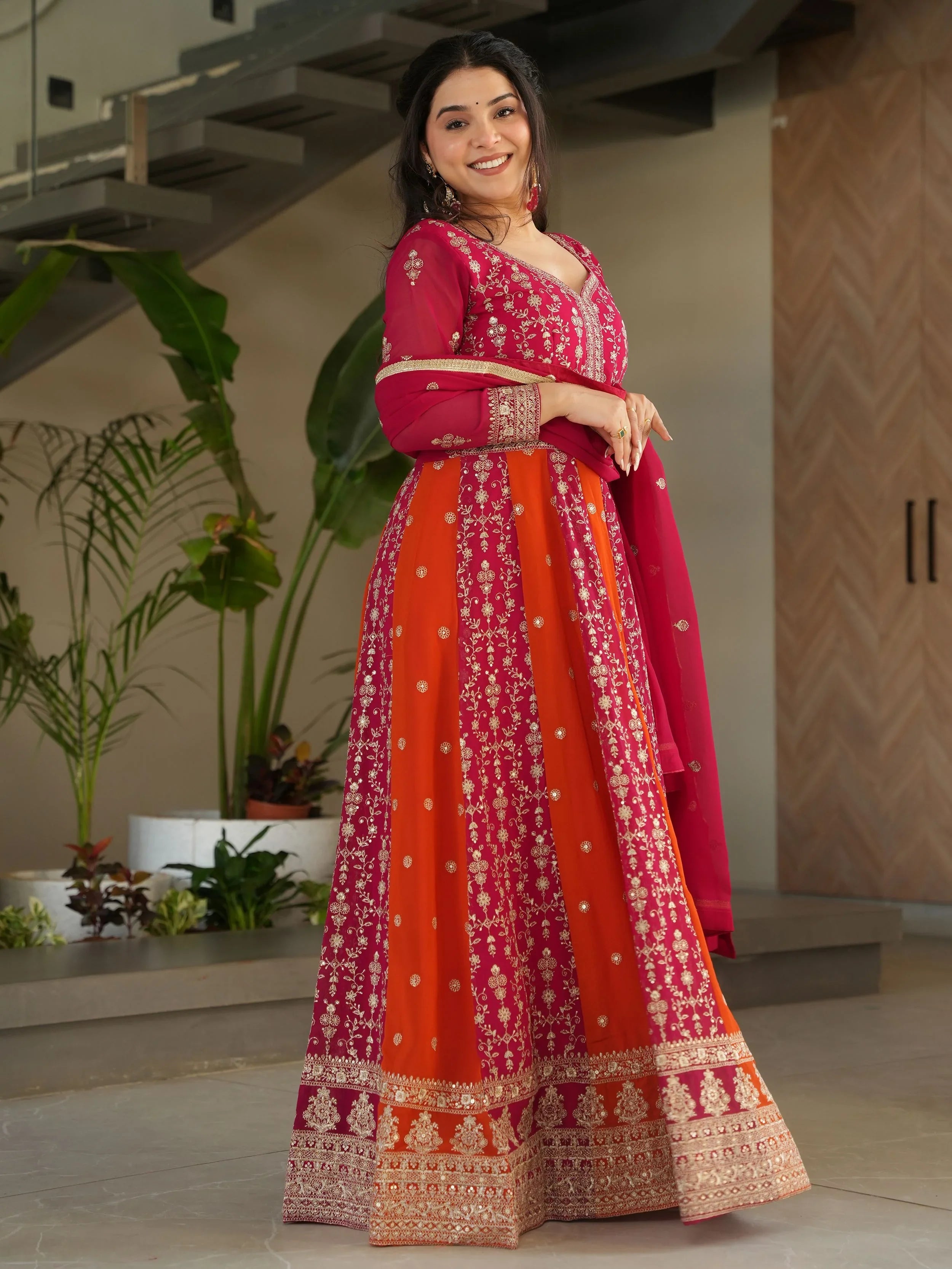 Pink Georgette Zari and Sequins Embroidered Gown with Dupatta