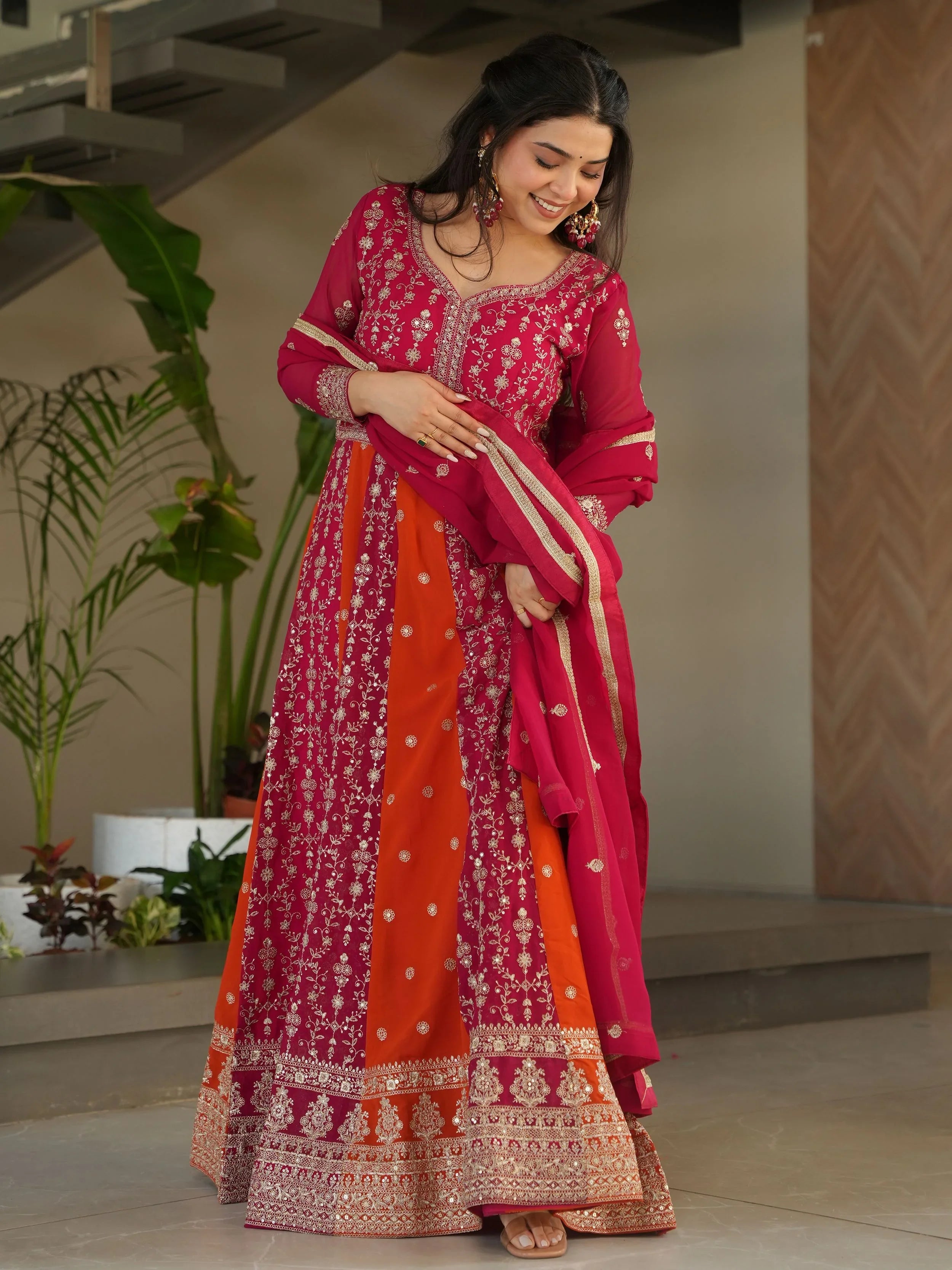 Pink Georgette Zari and Sequins Embroidered Gown with Dupatta