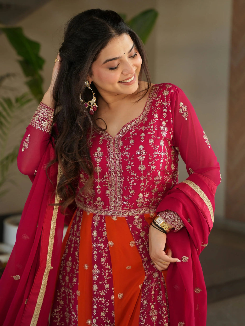 Pink Georgette Zari and Sequins Embroidered Gown with Dupatta