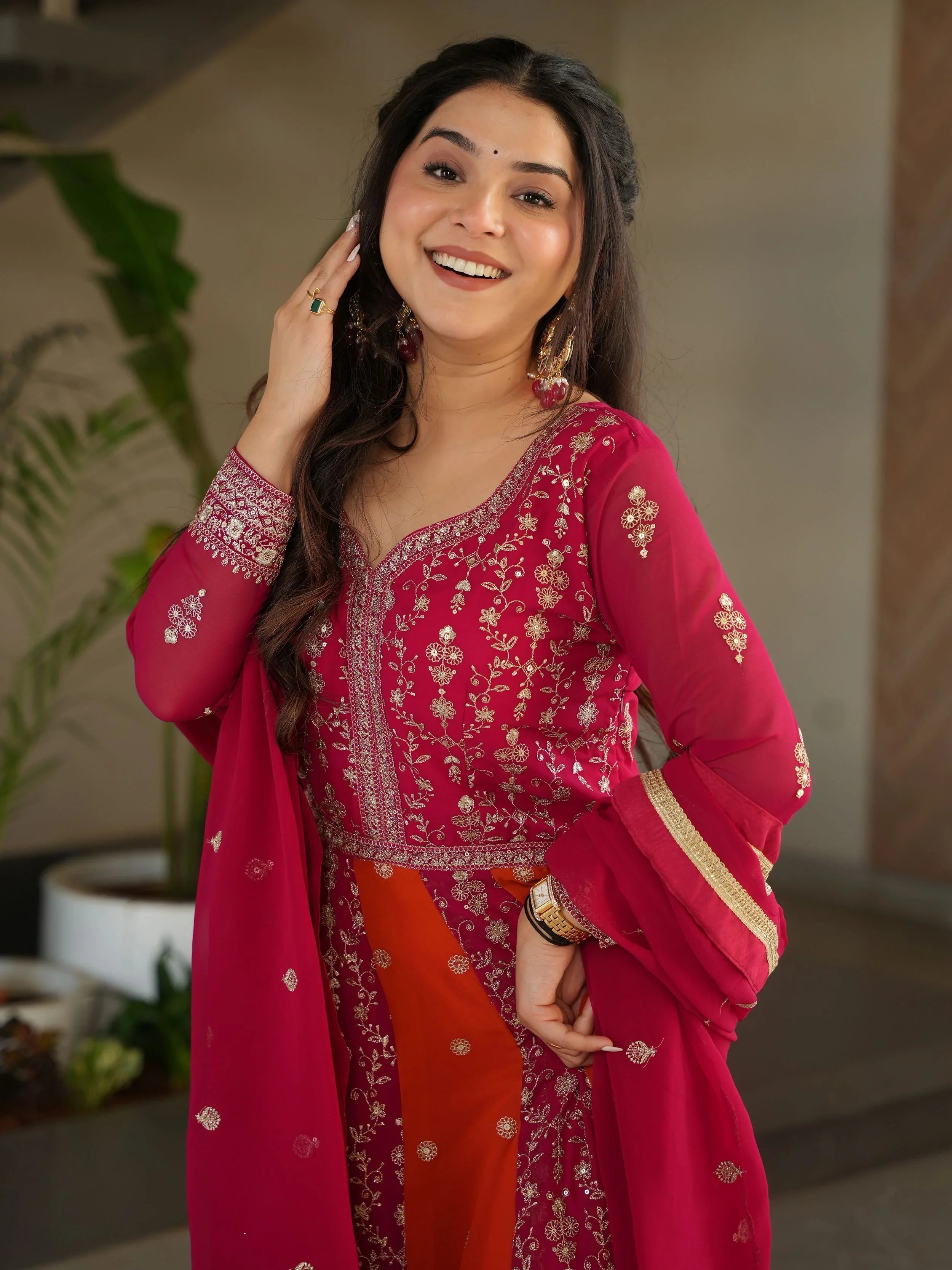 Pink Georgette Zari and Sequins Embroidered Gown with Dupatta