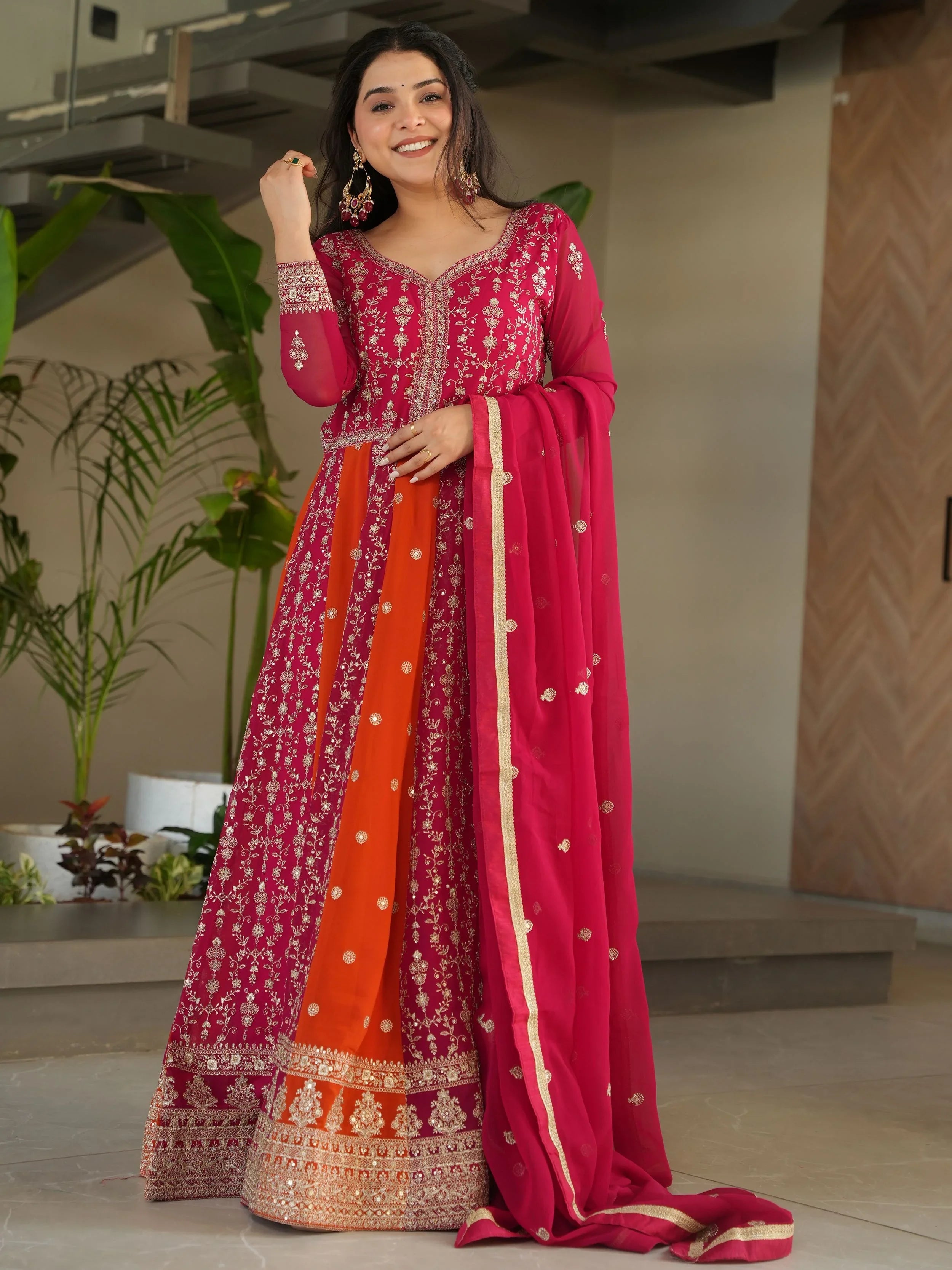 Pink Georgette Zari and Sequins Embroidered Gown with Dupatta
