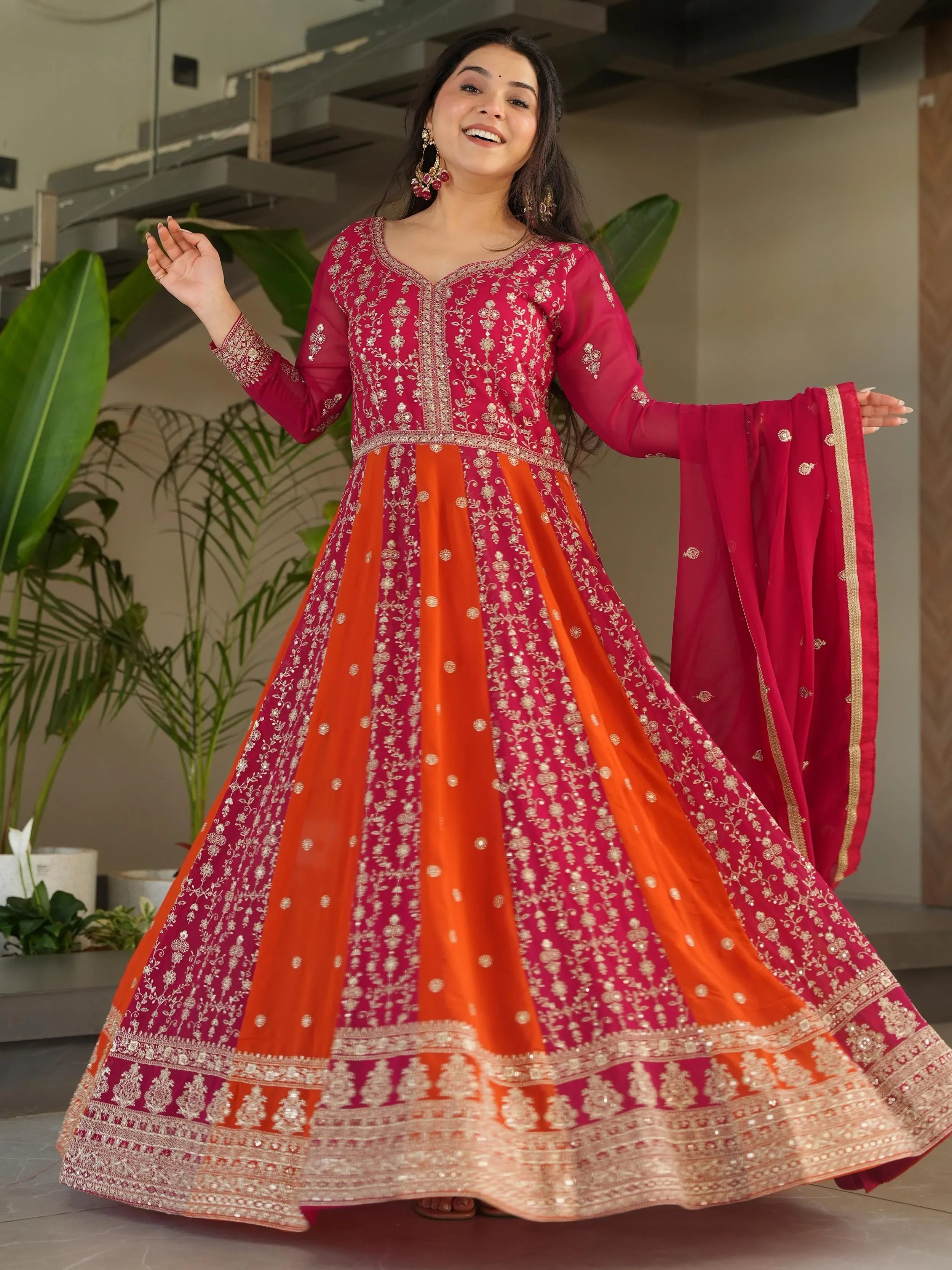 Pink Georgette Zari and Sequins Embroidered Gown with Dupatta