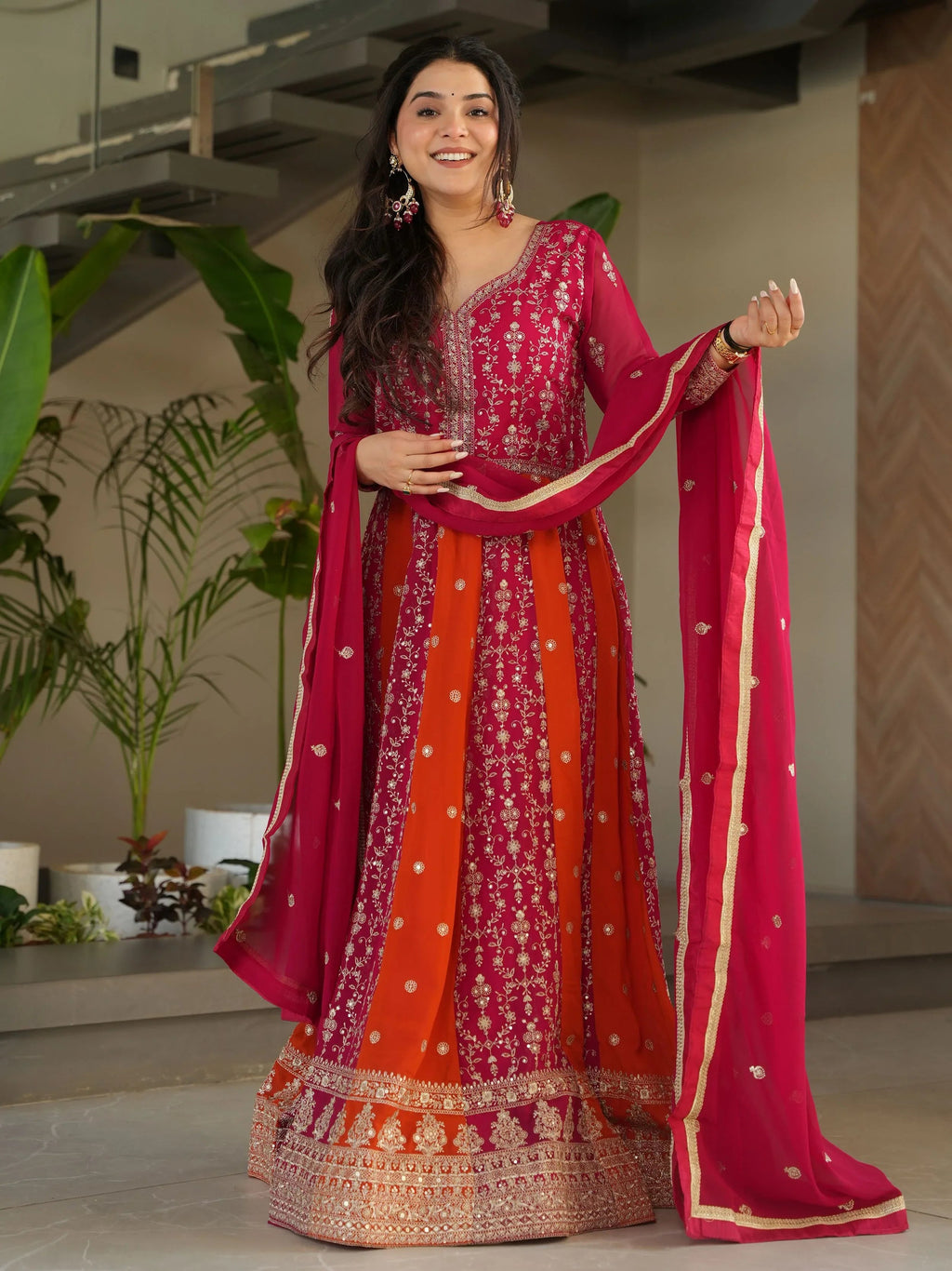 Pink Georgette Zari and Sequins Embroidered Gown with Dupatta