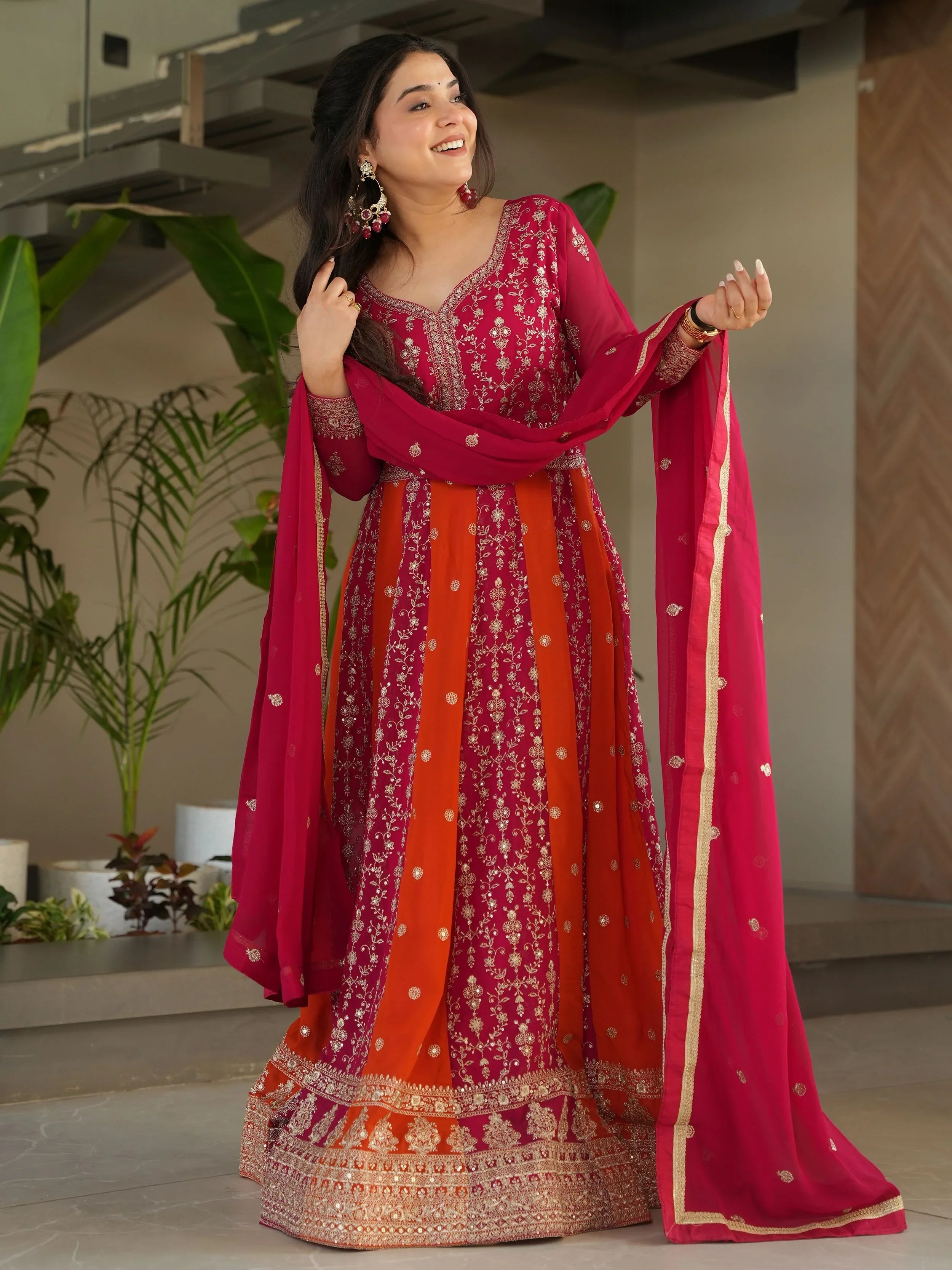Pink Georgette Zari and Sequins Embroidered Gown with Dupatta