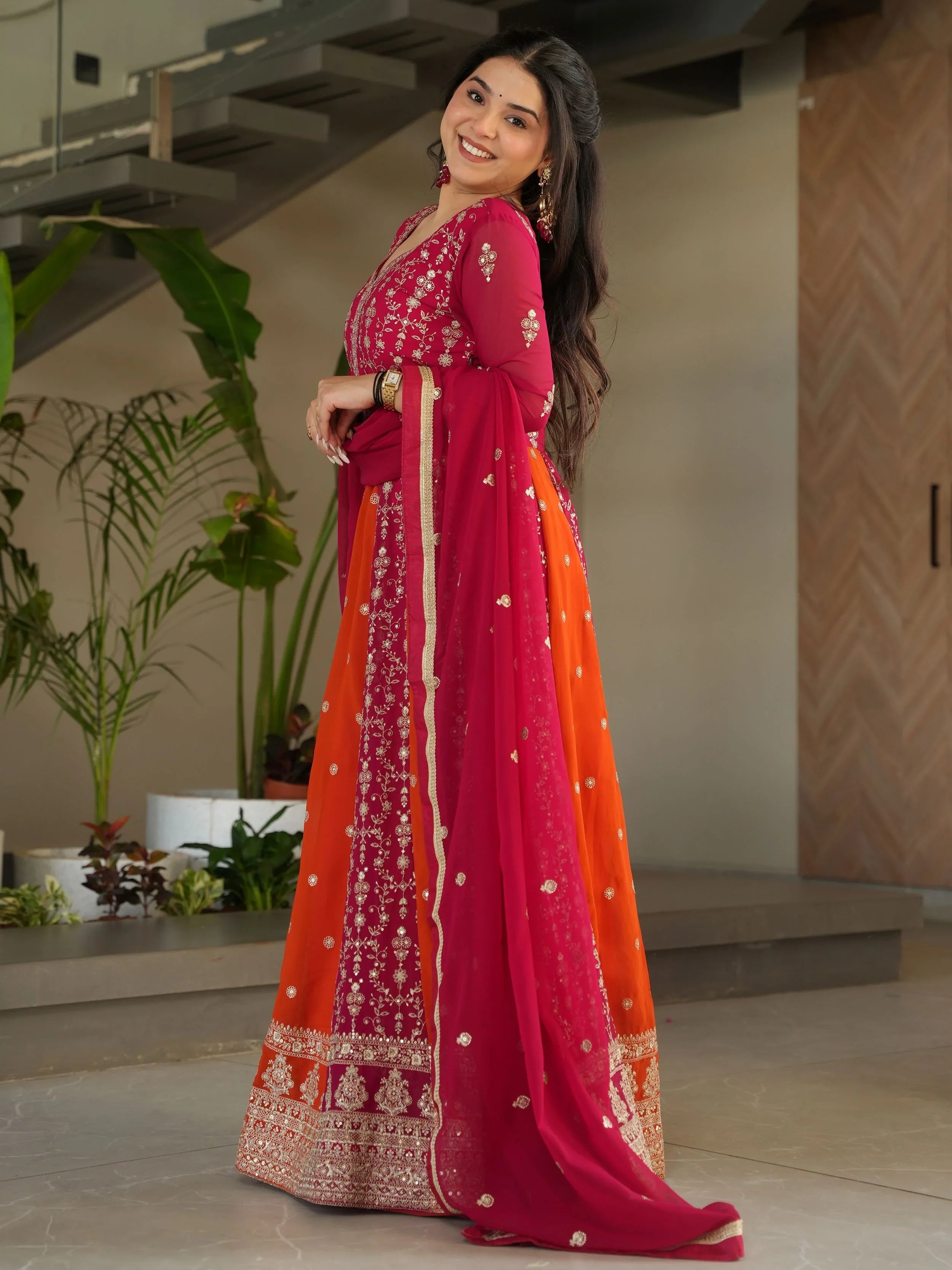 Pink Georgette Zari and Sequins Embroidered Gown with Dupatta