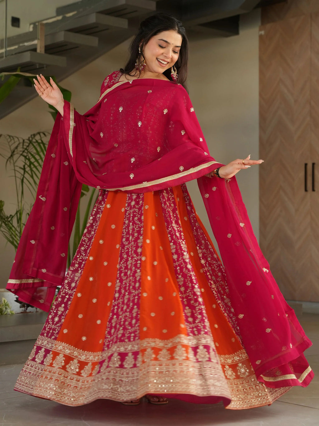 Pink Georgette Zari and Sequins Embroidered Gown with Dupatta