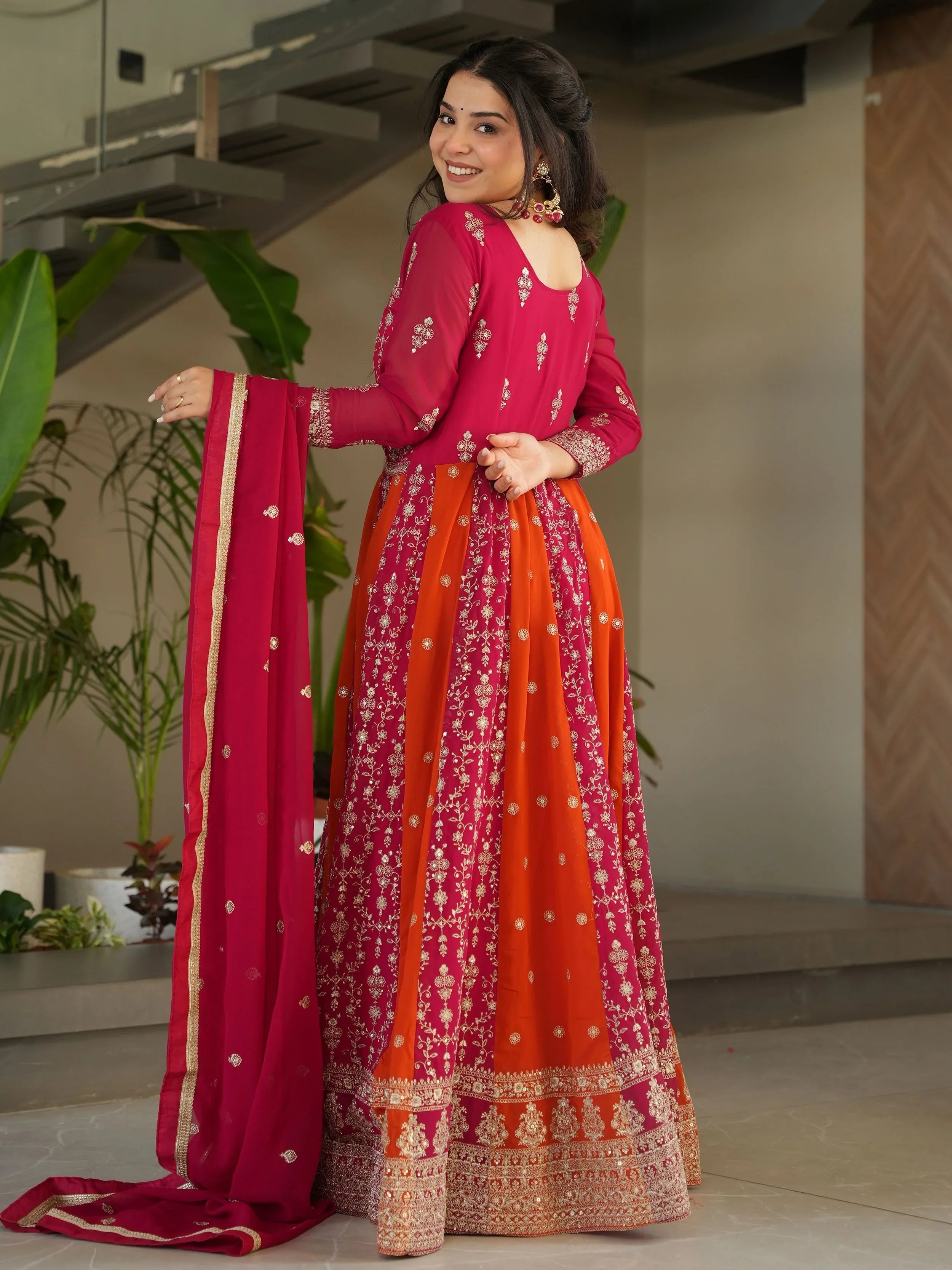 Pink Georgette Zari and Sequins Embroidered Gown with Dupatta