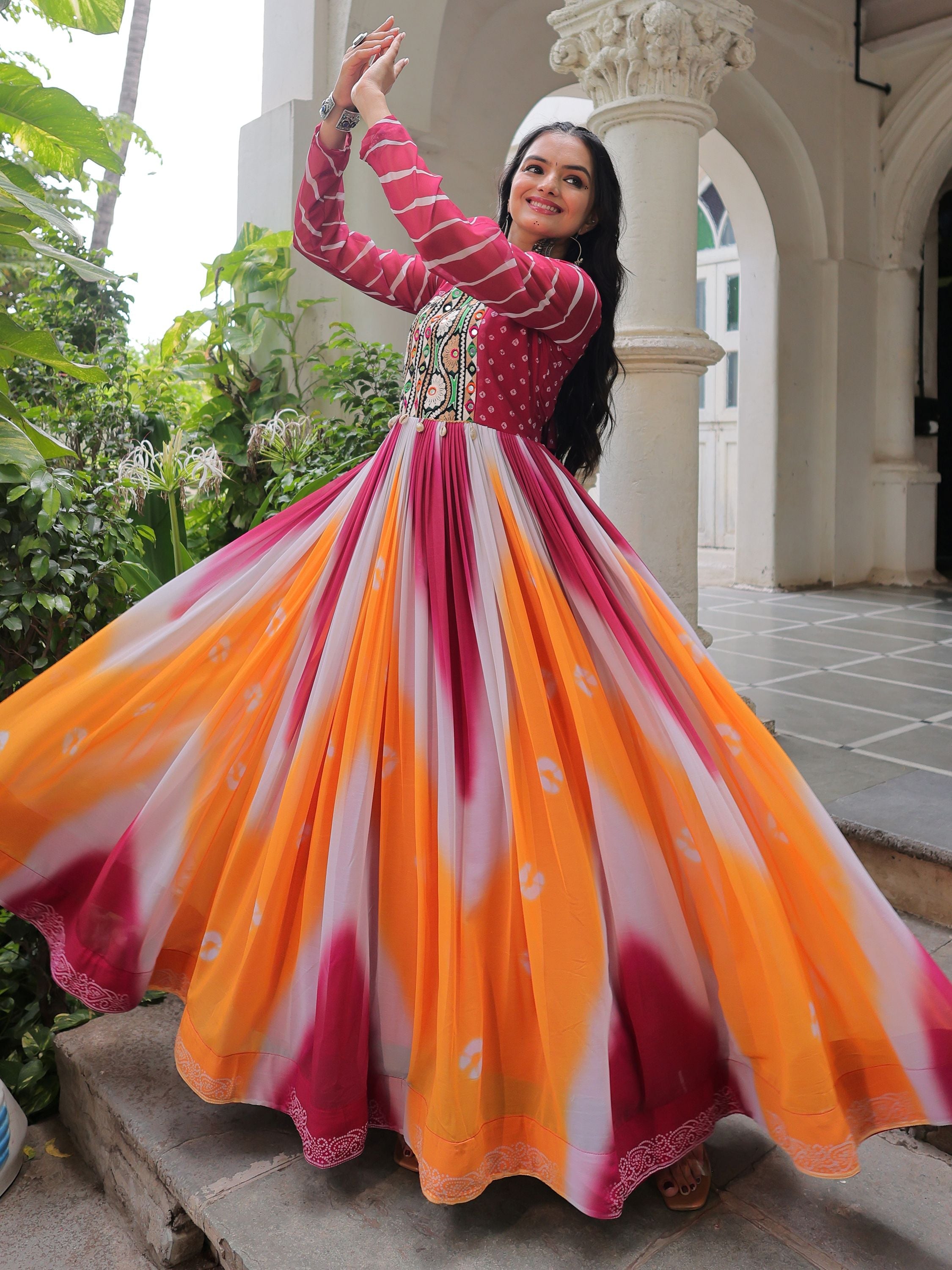 Pink Georgette Bandhej Print Gamthi Embroidery Mirror Work Gown