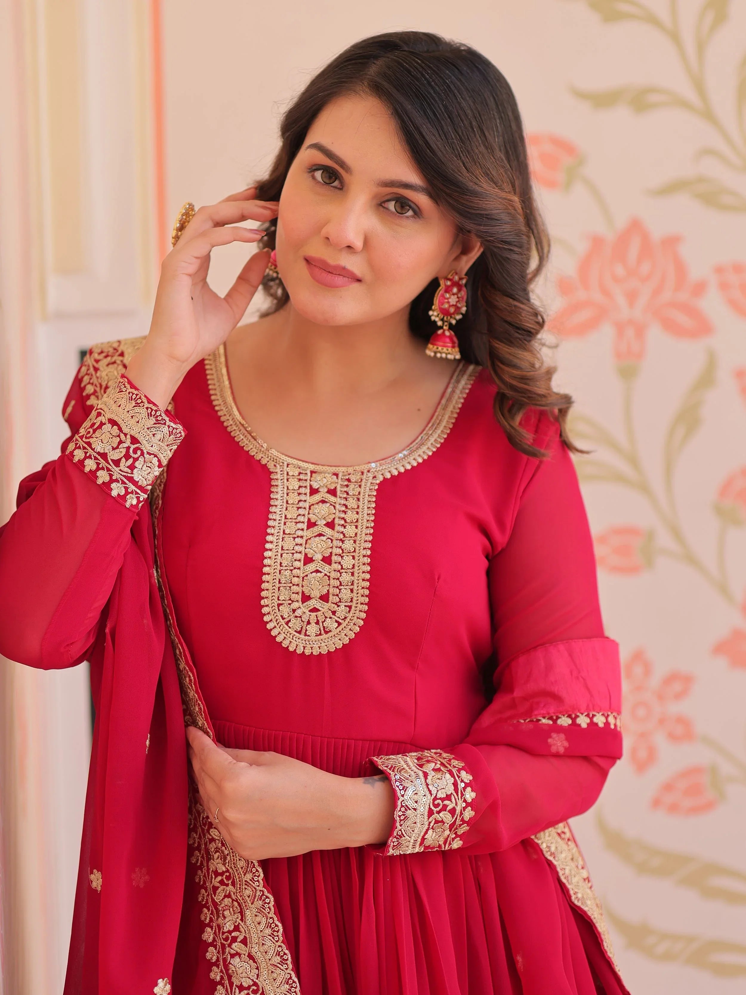 Pink Georgette Zari Sequins Embroidered Designer Gown with Dupatta