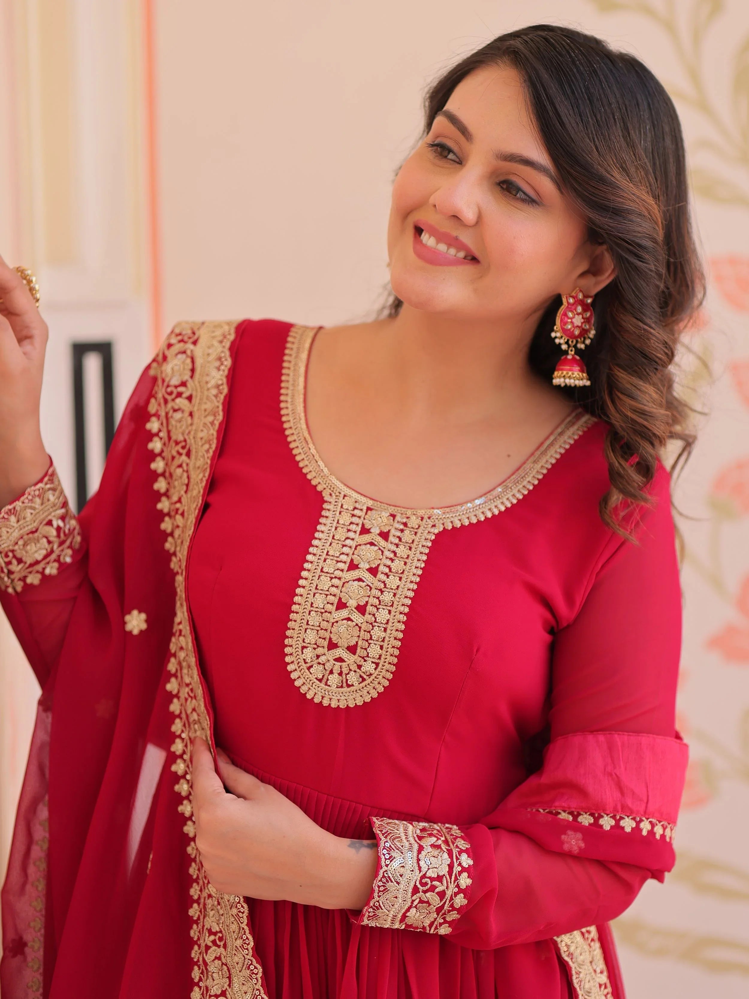 Pink Georgette Zari Sequins Embroidered Designer Gown with Dupatta