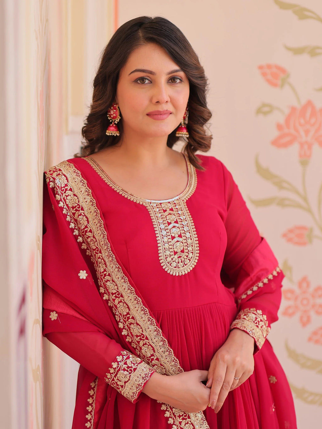 Pink Georgette Zari Sequins Embroidered Designer Gown with Dupatta