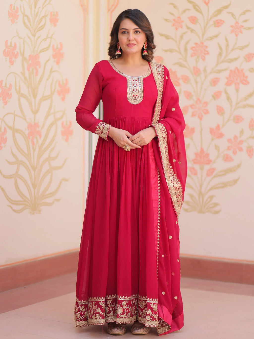 Pink Georgette Zari Sequins Embroidered Designer Gown with Dupatta