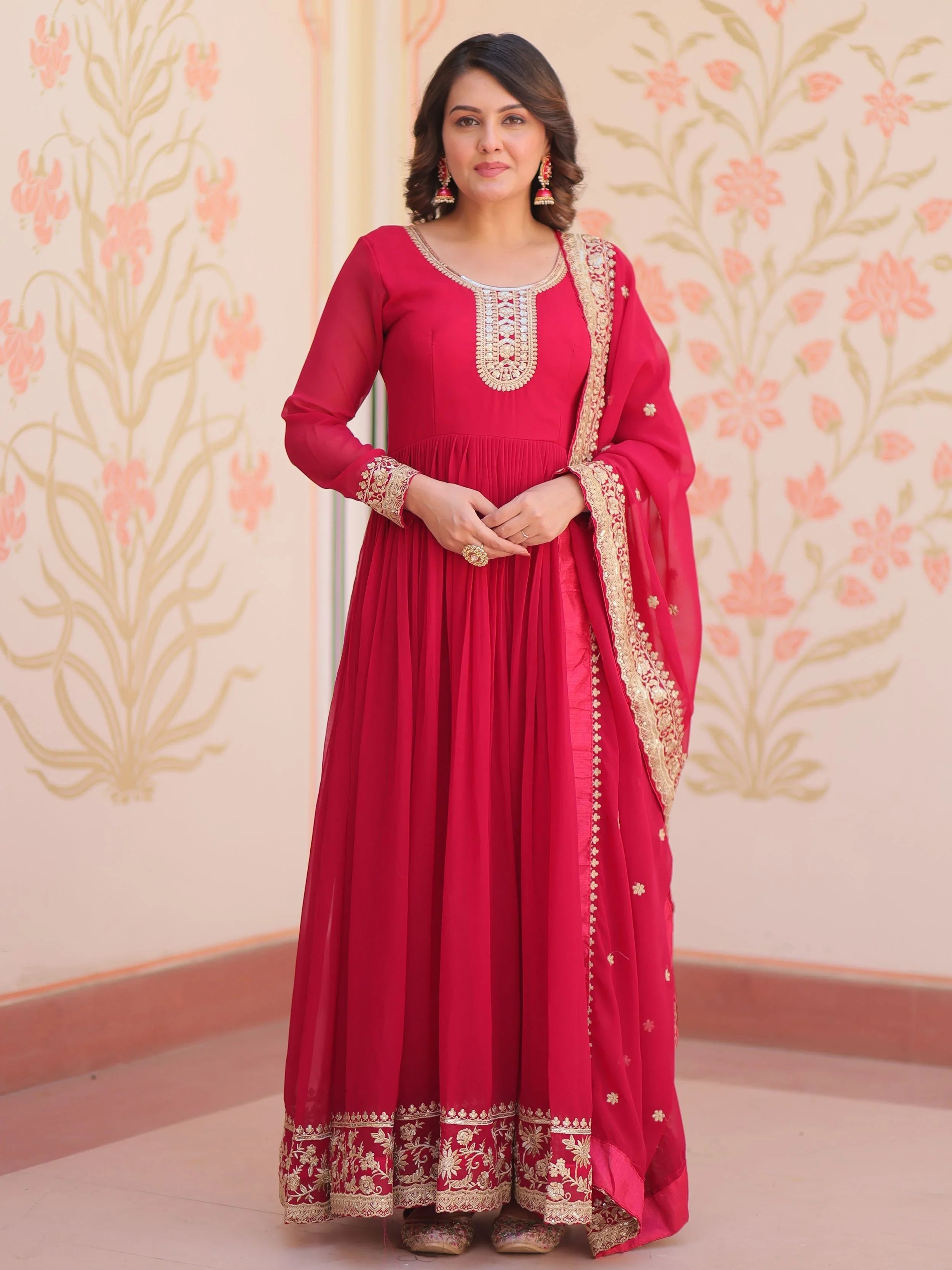 Pink Georgette Zari Sequins Embroidered Designer Gown with Dupatta