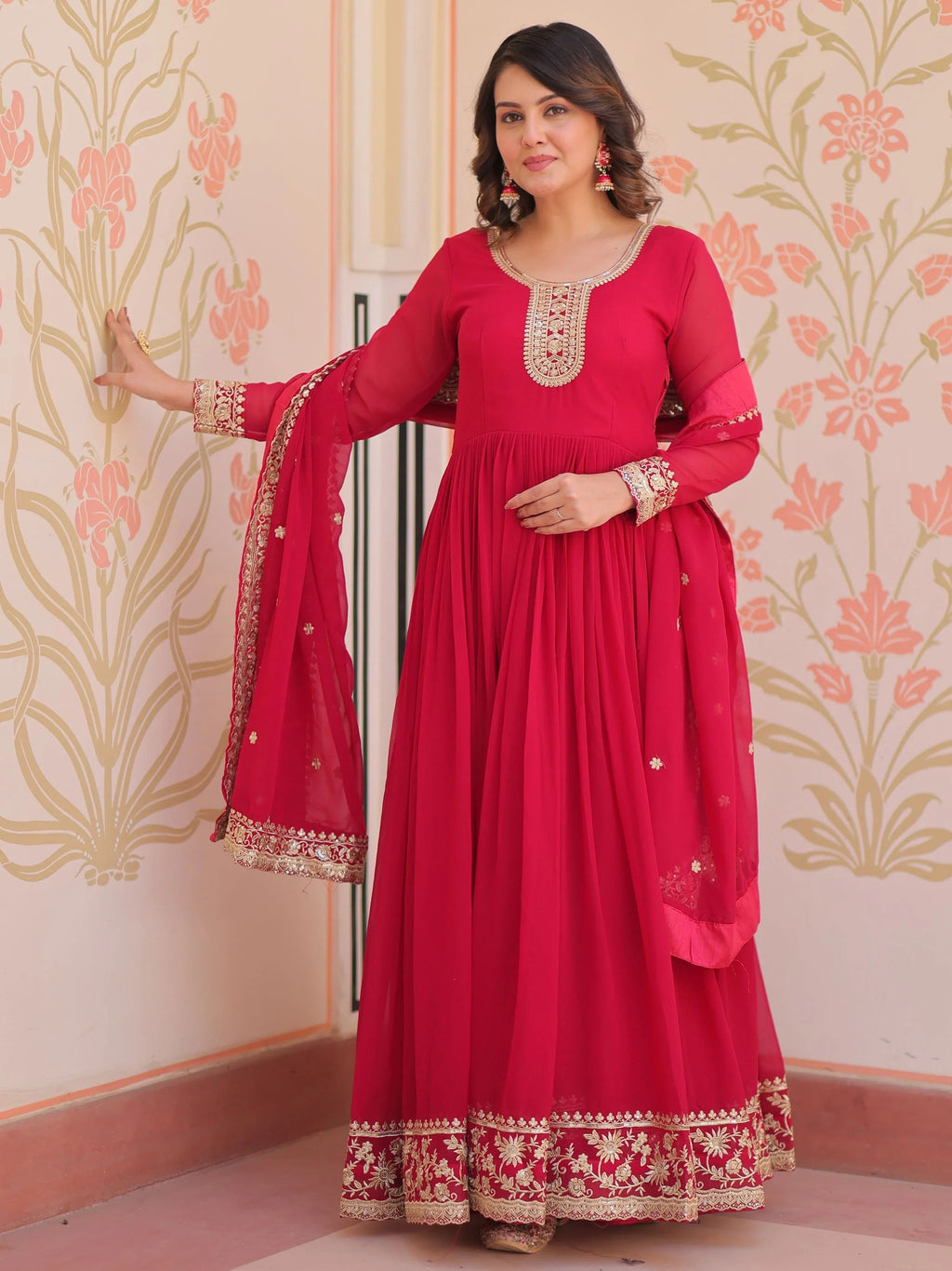 Pink Georgette Zari Sequins Embroidered Designer Gown with Dupatta