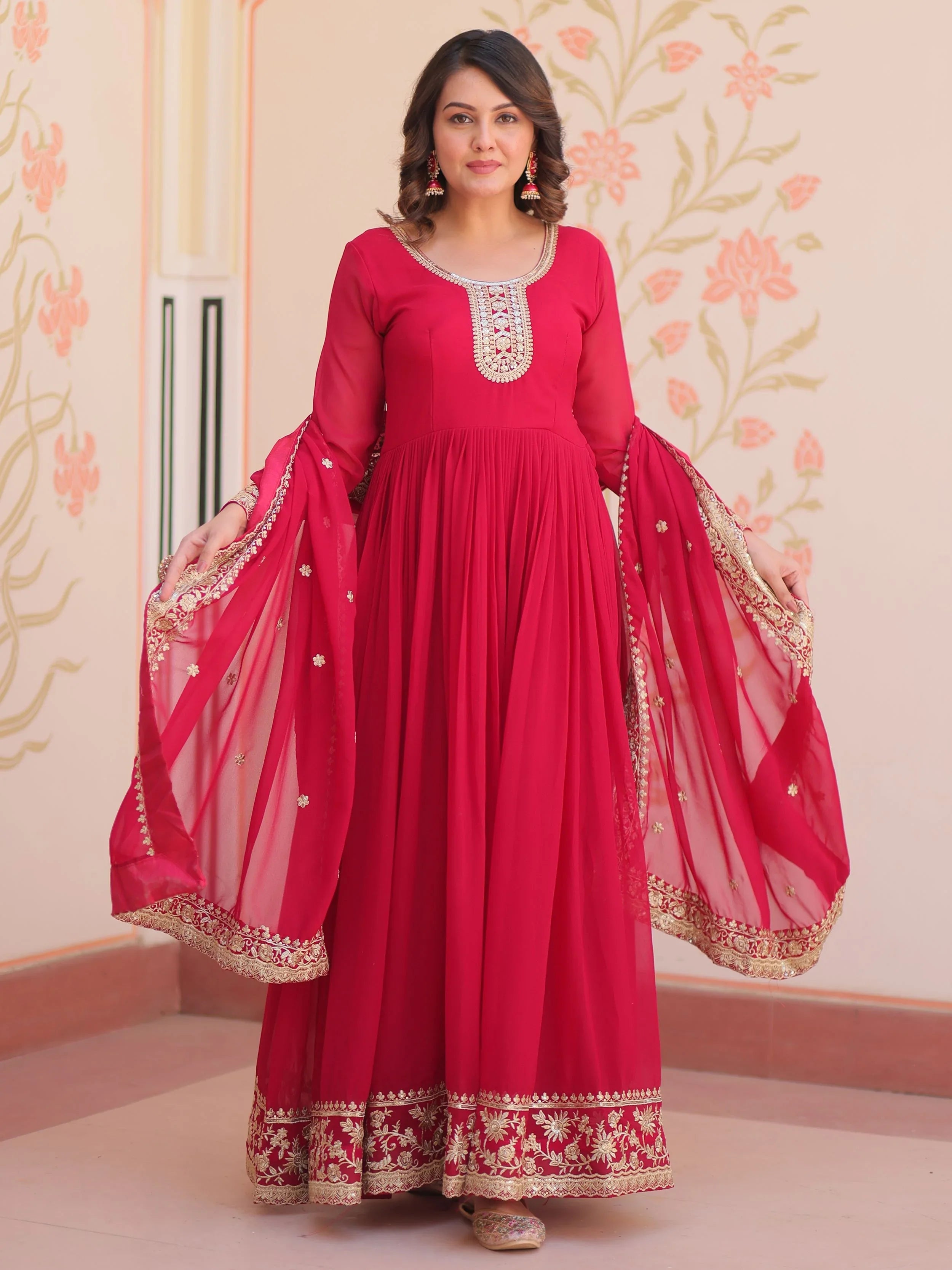Pink Georgette Zari Sequins Embroidered Designer Gown with Dupatta