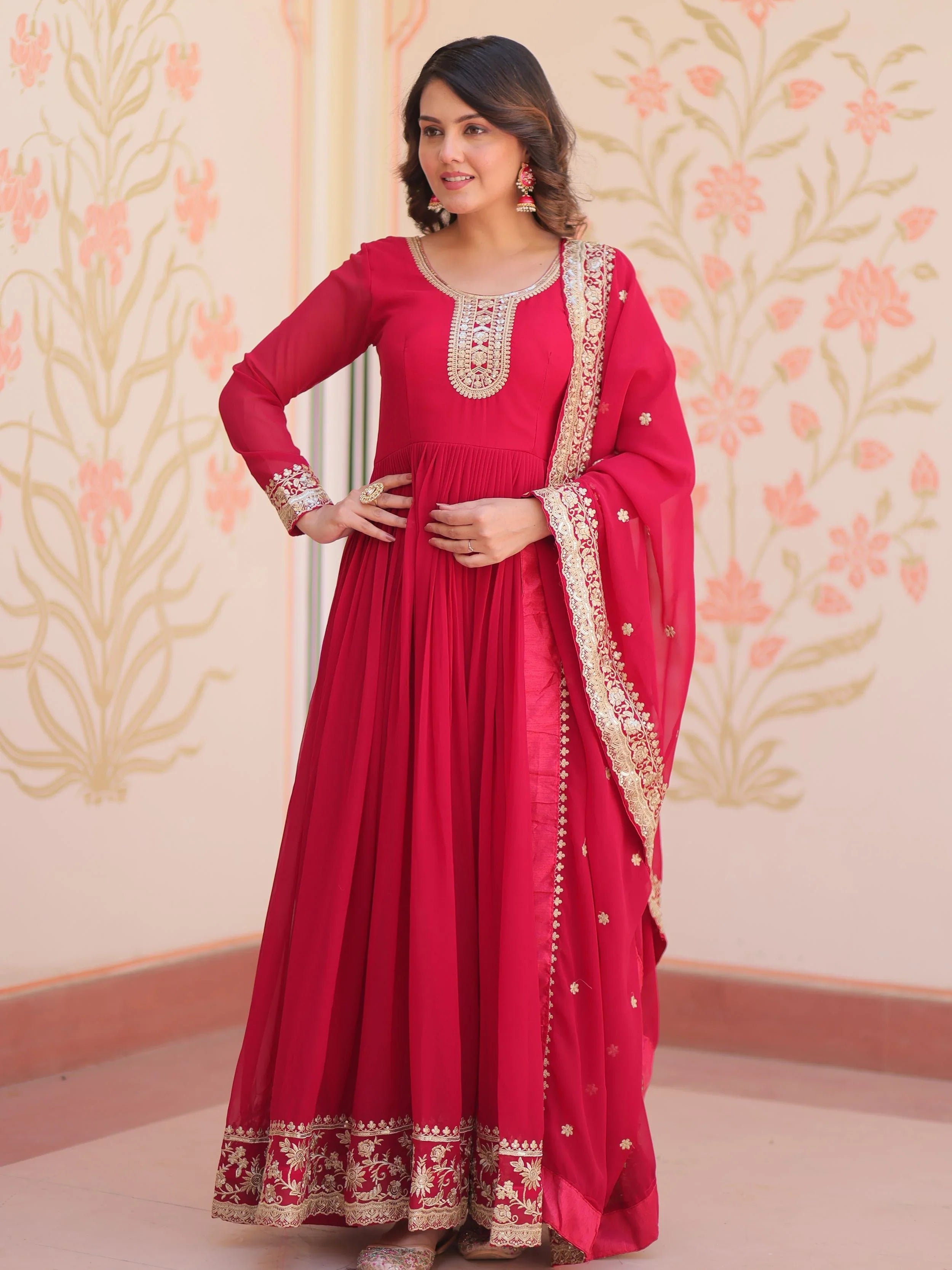 Pink Georgette Zari Sequins Embroidered Designer Gown with Dupatta