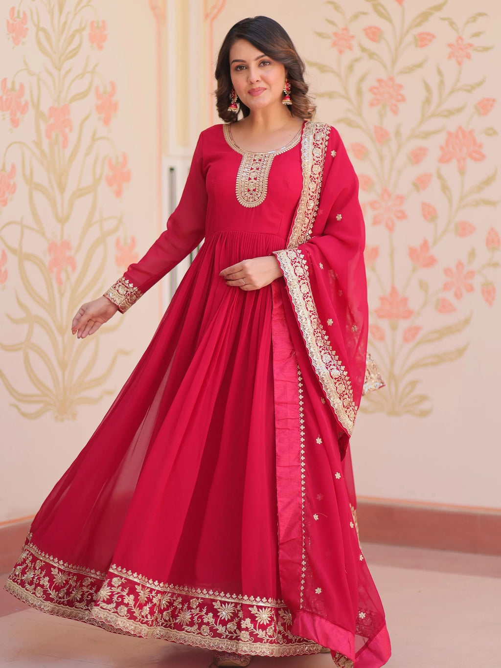 Pink Georgette Zari Sequins Embroidered Designer Gown with Dupatta