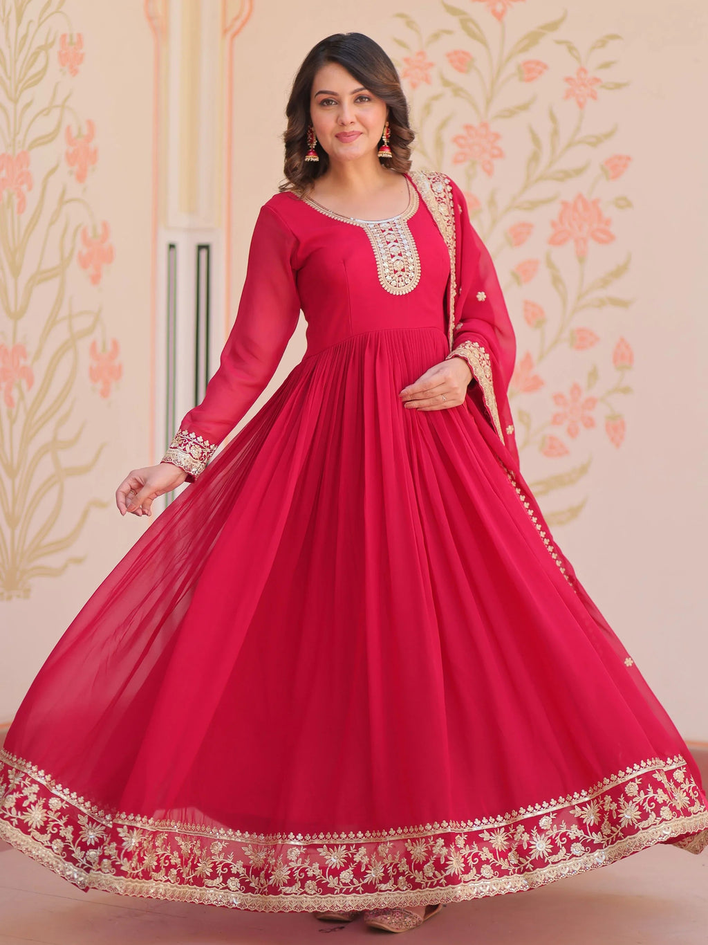 Pink Georgette Zari Sequins Embroidered Designer Gown with Dupatta