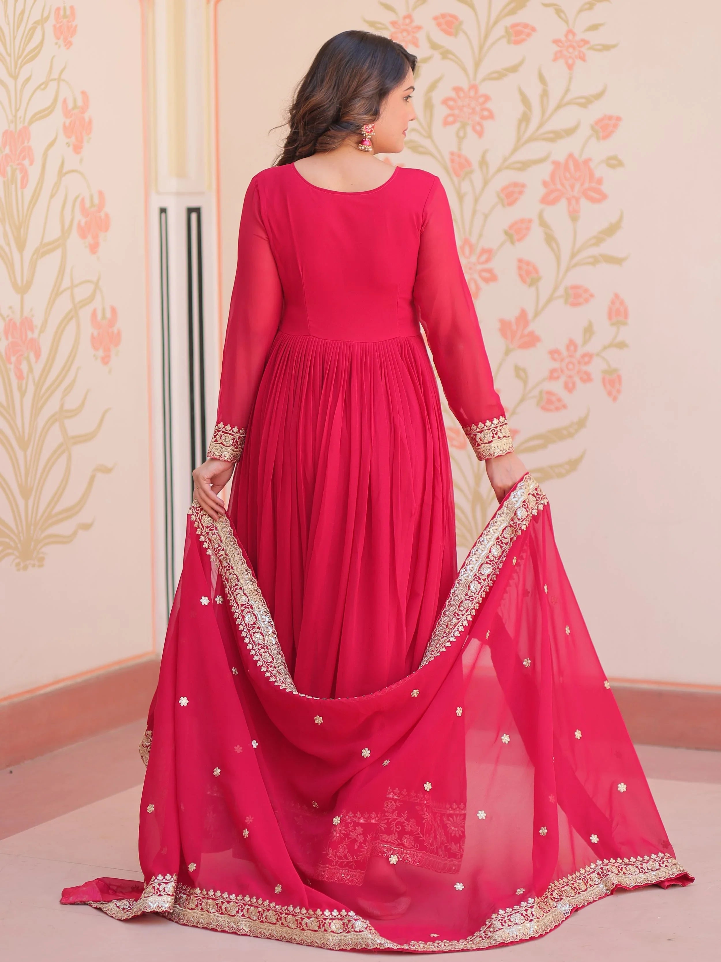 Pink Georgette Zari Sequins Embroidered Designer Gown with Dupatta