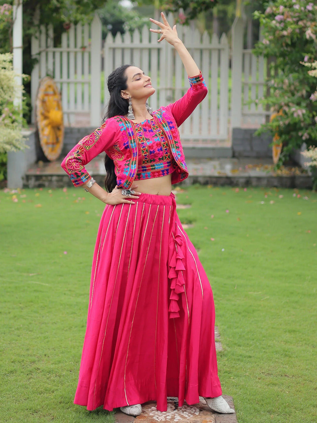 Pink Kutchi Gamthi Embroidered Gota Patti Lace Lehenga Choli With Koti