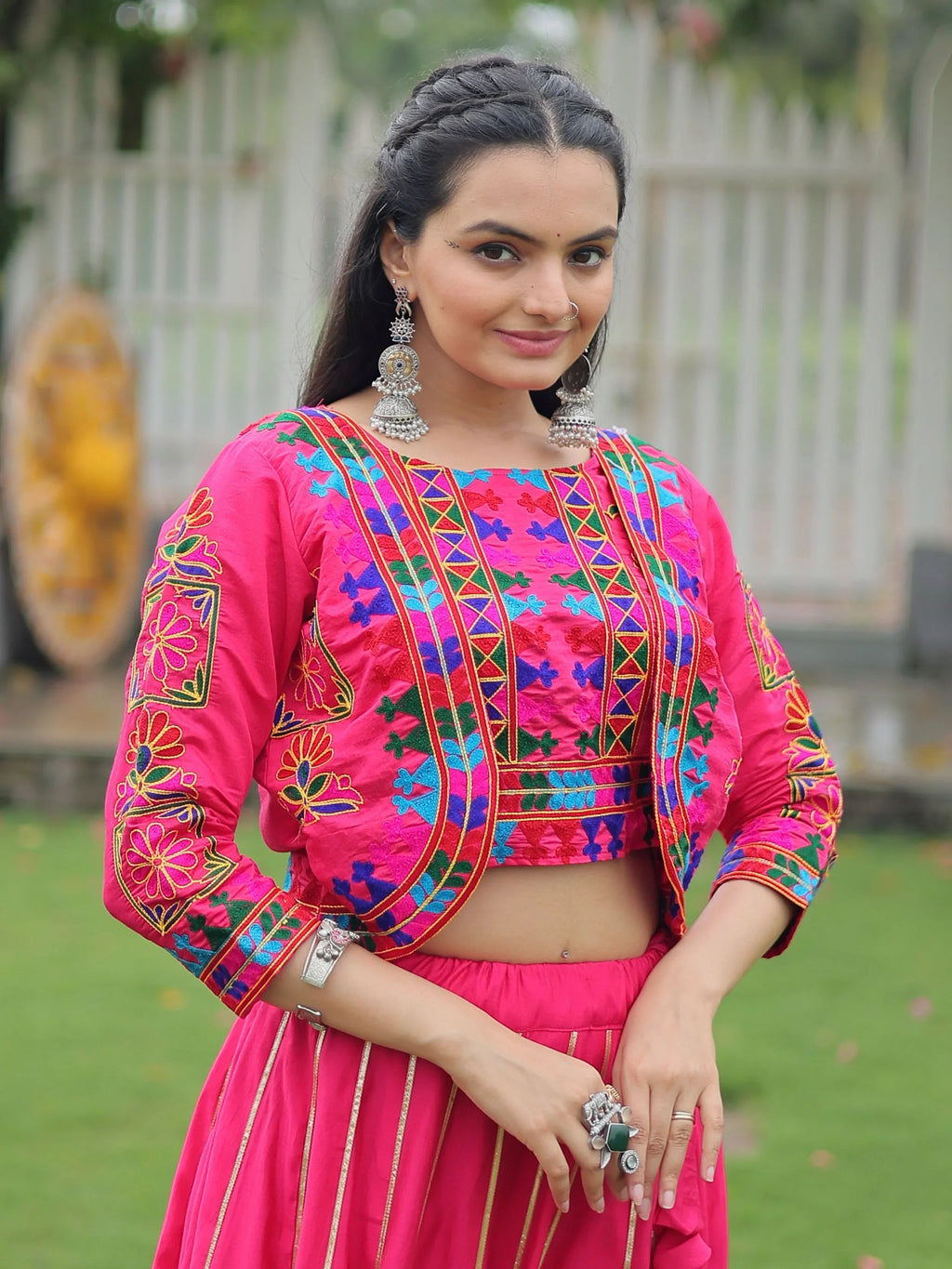 Pink Kutchi Gamthi Embroidered Gota Patti Lace Lehenga Choli With Koti