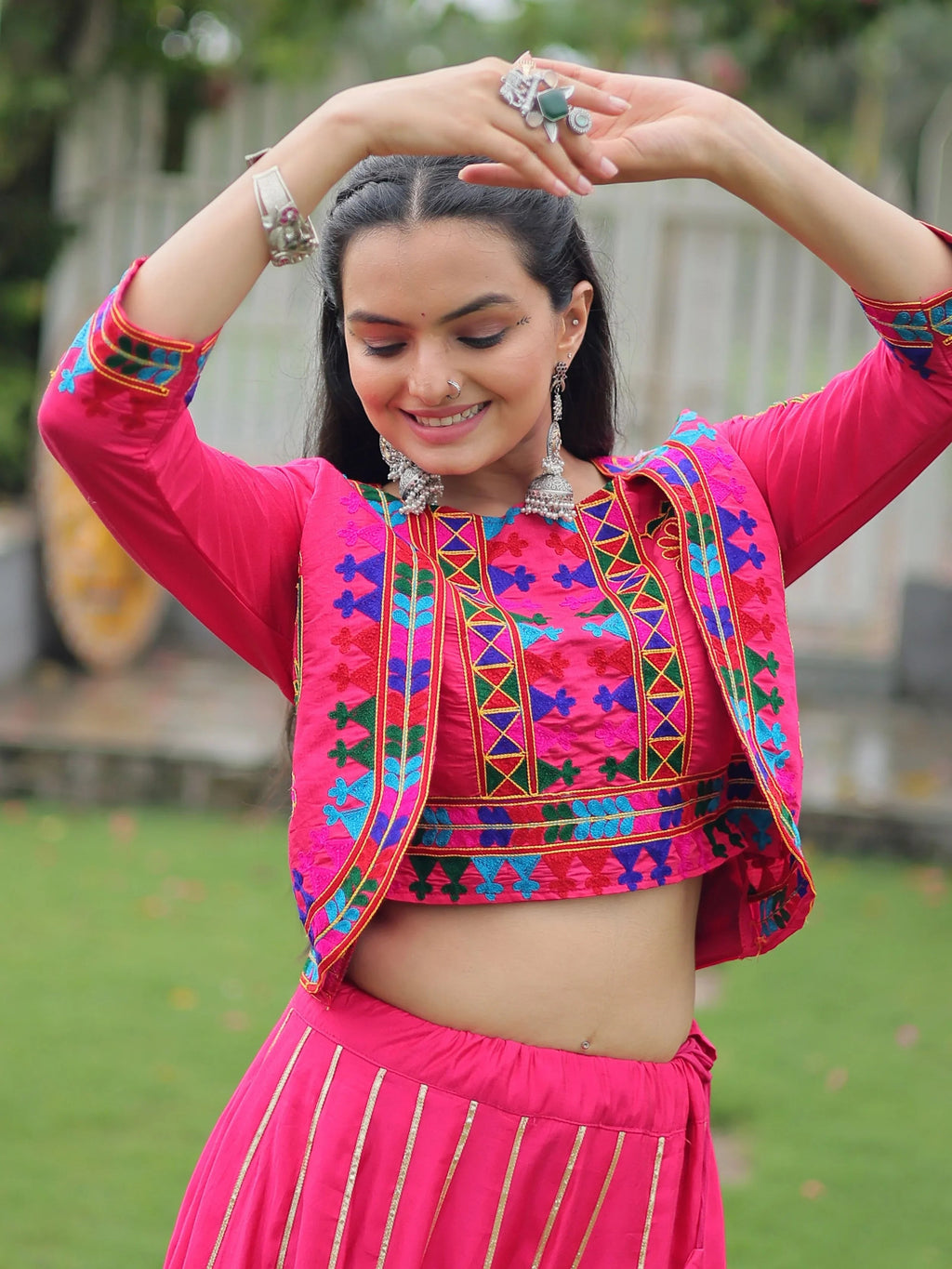 Pink Kutchi Gamthi Embroidered Gota Patti Lace Lehenga Choli With Koti