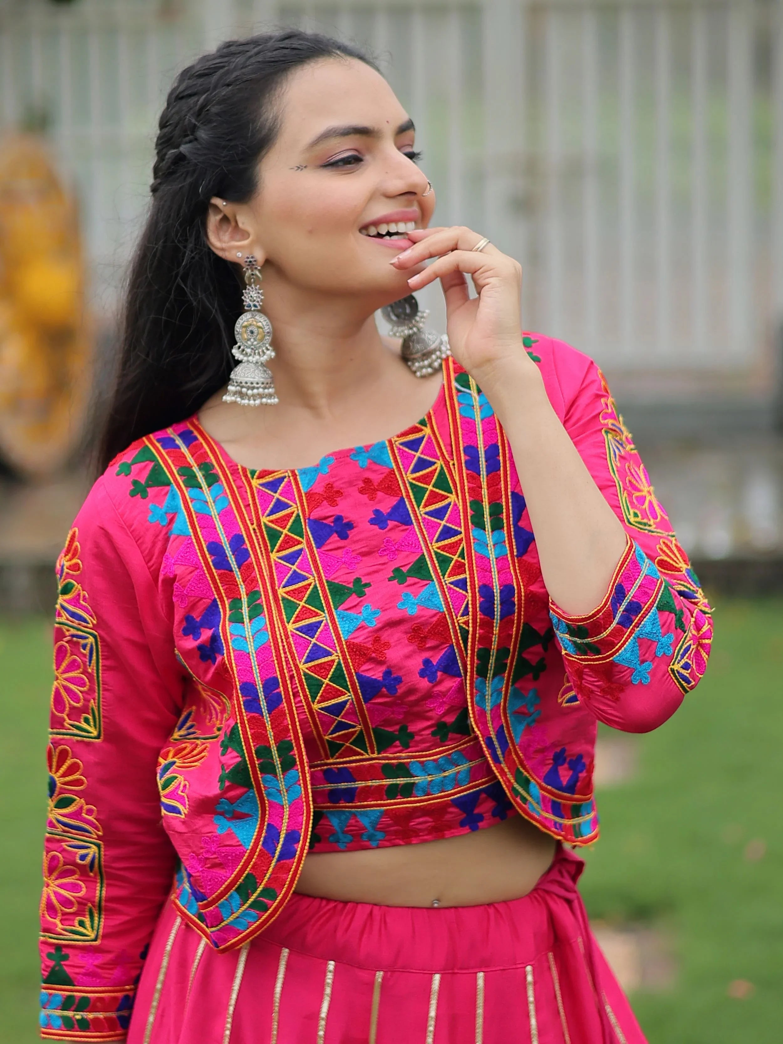 Pink Kutchi Gamthi Embroidered Gota Patti Lace Lehenga Choli With Koti