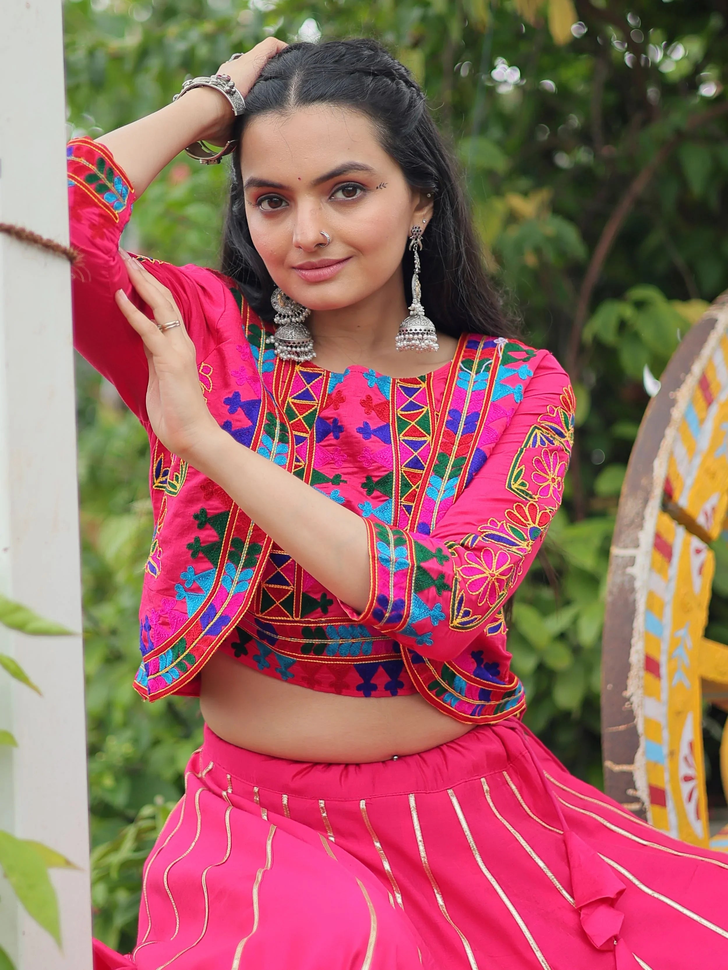 Pink Kutchi Gamthi Embroidered Gota Patti Lace Lehenga Choli With Koti