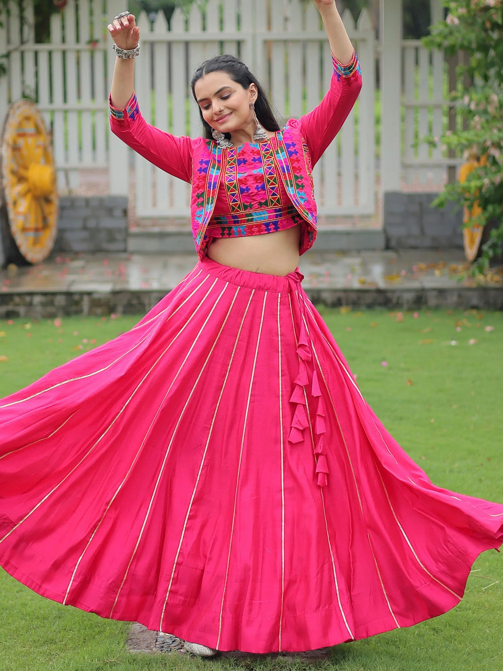Pink Kutchi Gamthi Embroidered Gota Patti Lace Lehenga Choli With Koti