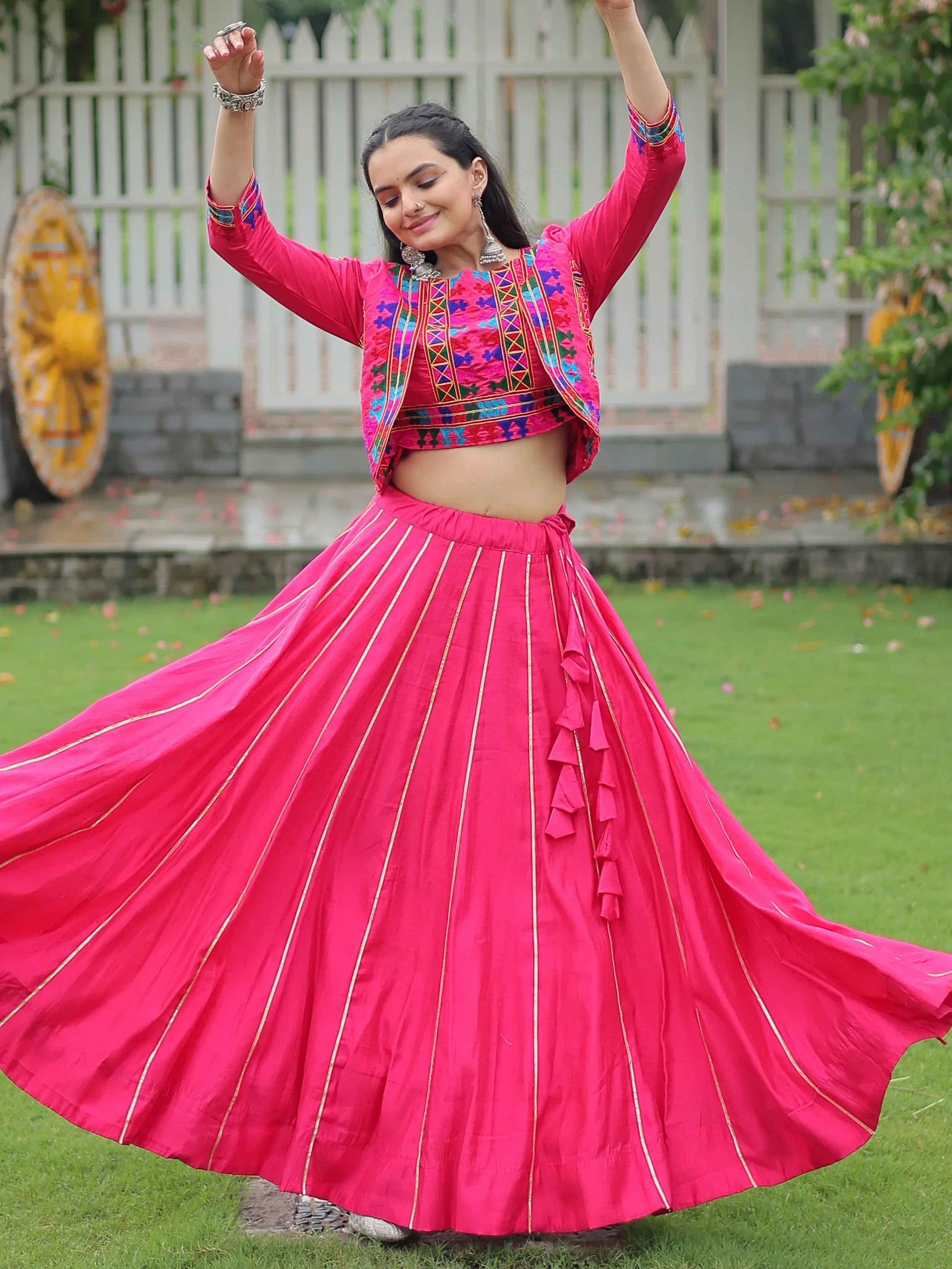 Pink Kutchi Gamthi Embroidered Gota Patti Lace Lehenga Choli With Koti