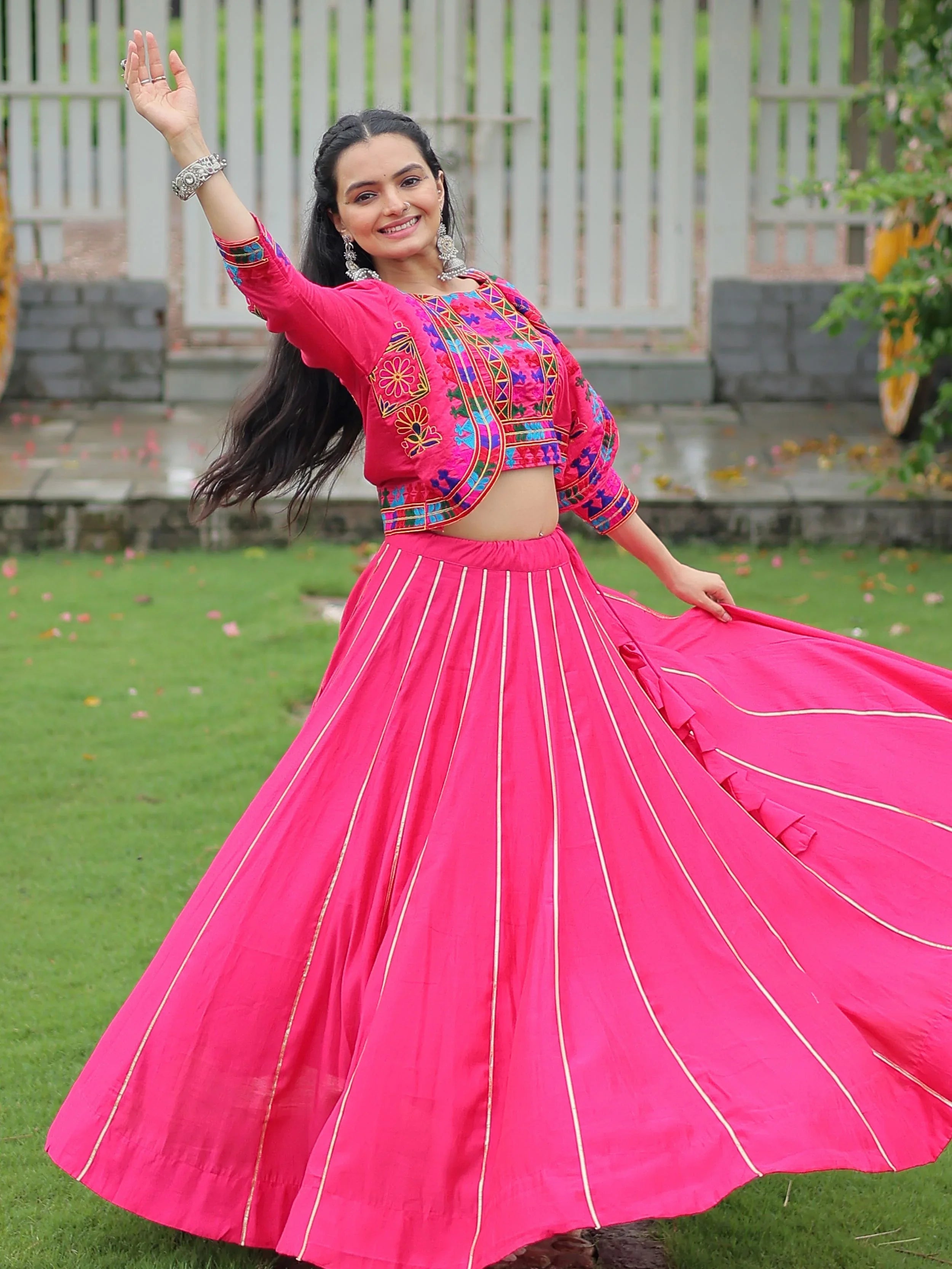 Pink Kutchi Gamthi Embroidered Gota Patti Lace Lehenga Choli With Koti