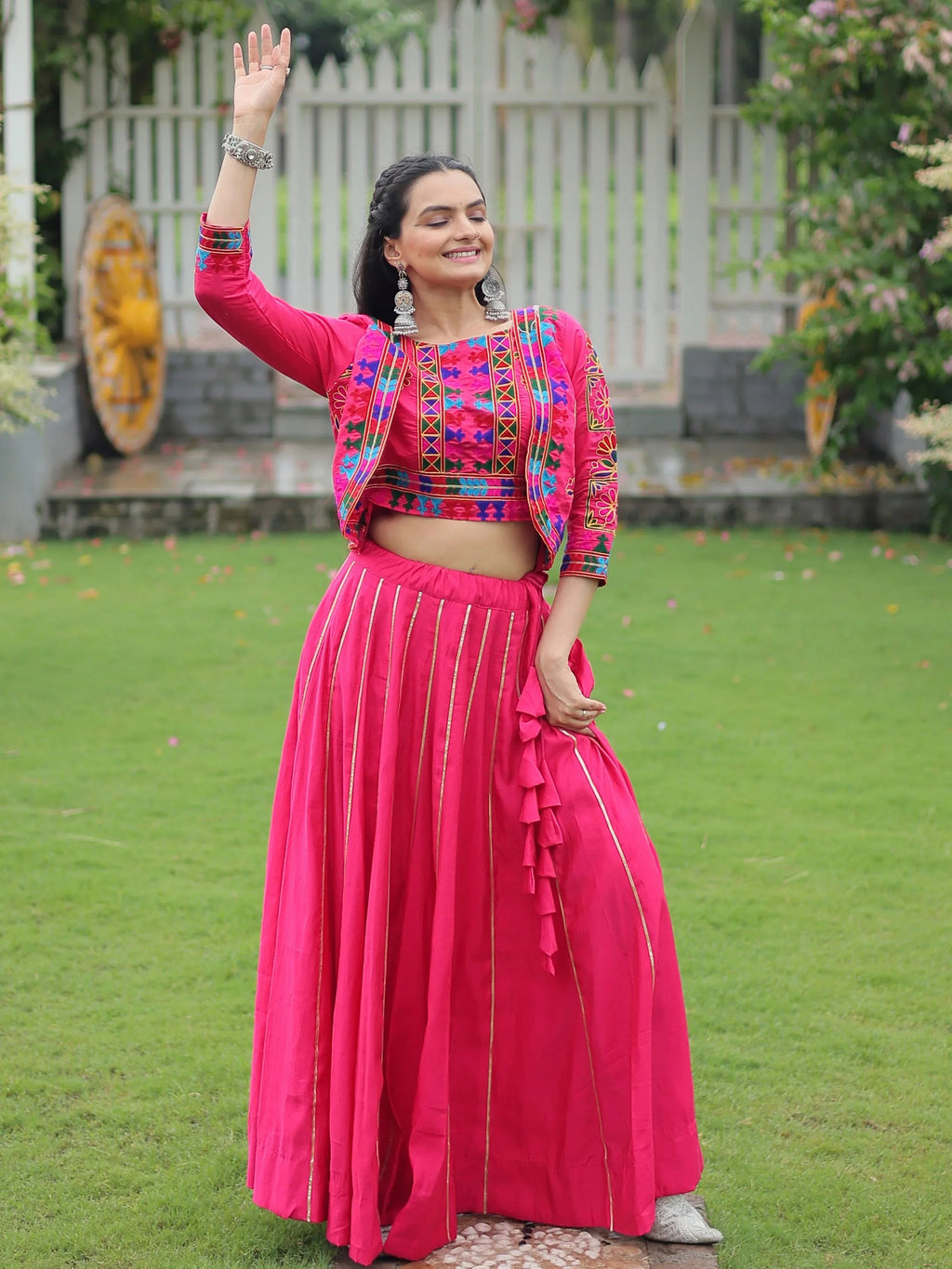 Pink Kutchi Gamthi Embroidered Gota Patti Lace Lehenga Choli With Koti