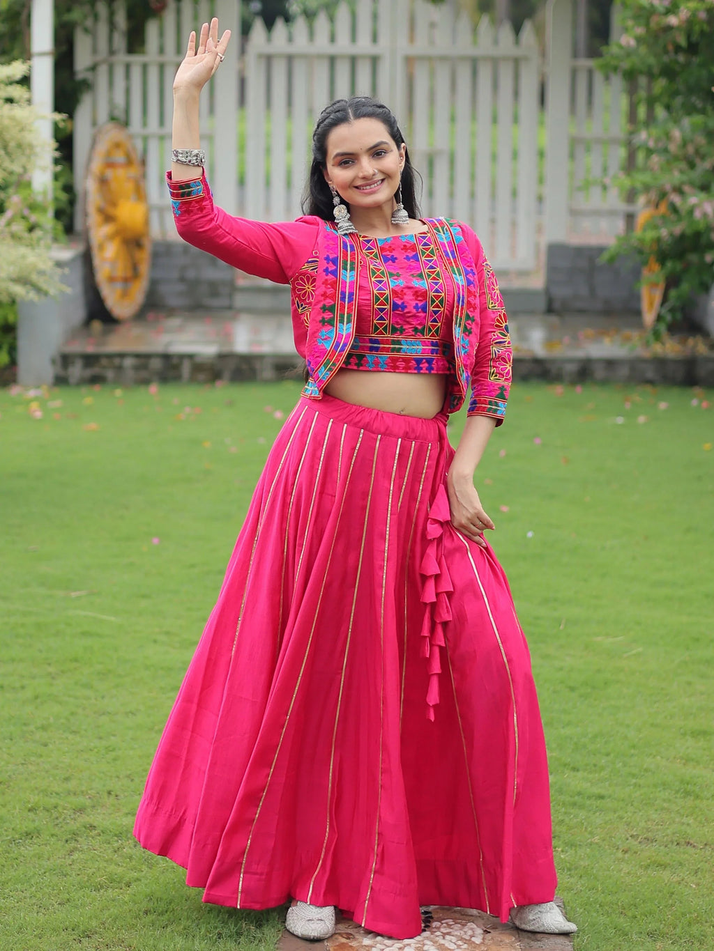 Pink Kutchi Gamthi Embroidered Gota Patti Lace Lehenga Choli With Koti