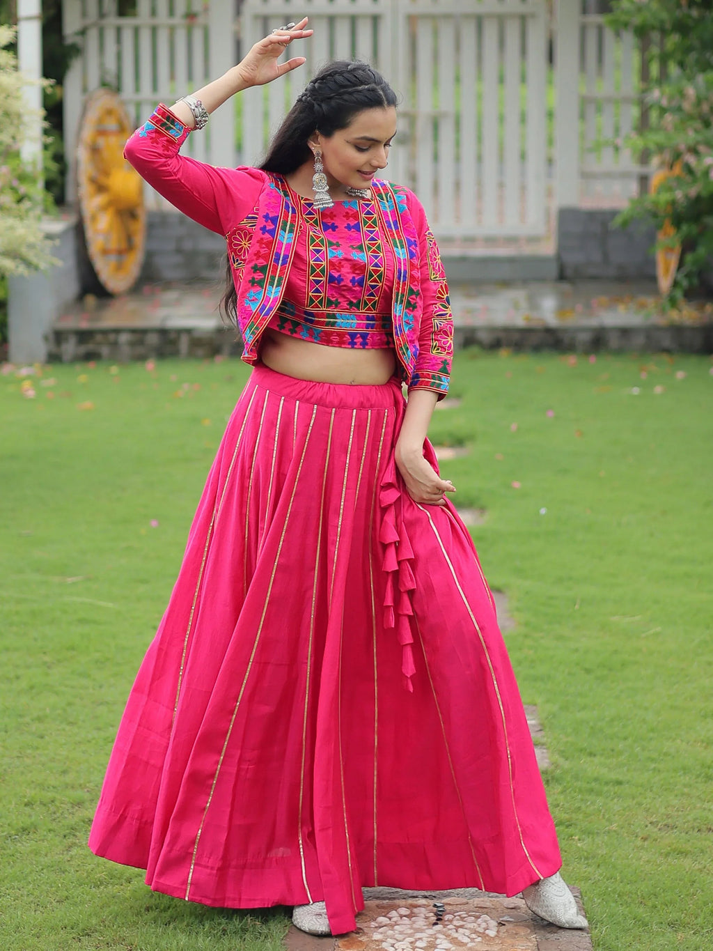 Pink Kutchi Gamthi Embroidered Gota Patti Lace Lehenga Choli With Koti