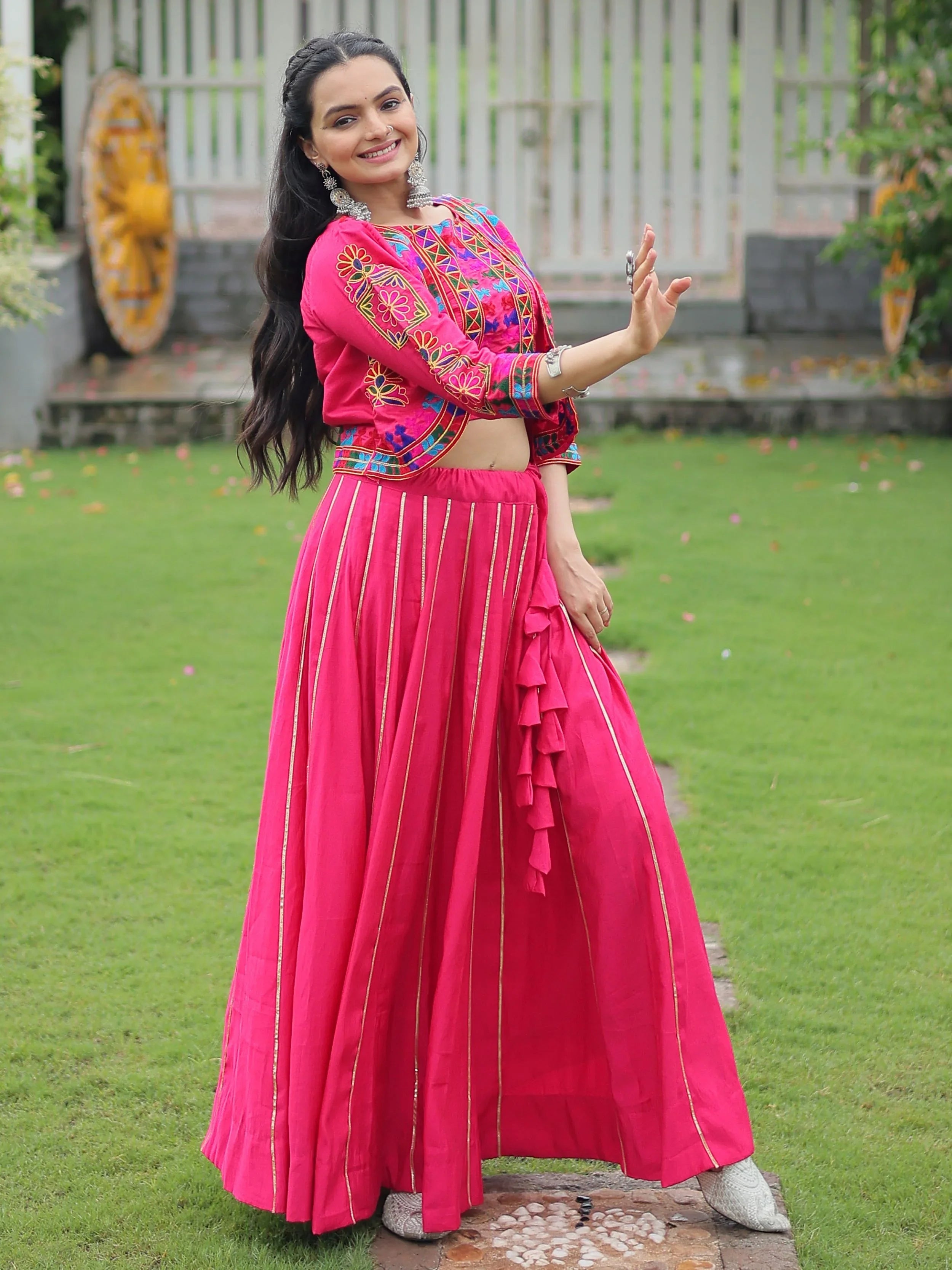 Pink Kutchi Gamthi Embroidered Gota Patti Lace Lehenga Choli With Koti