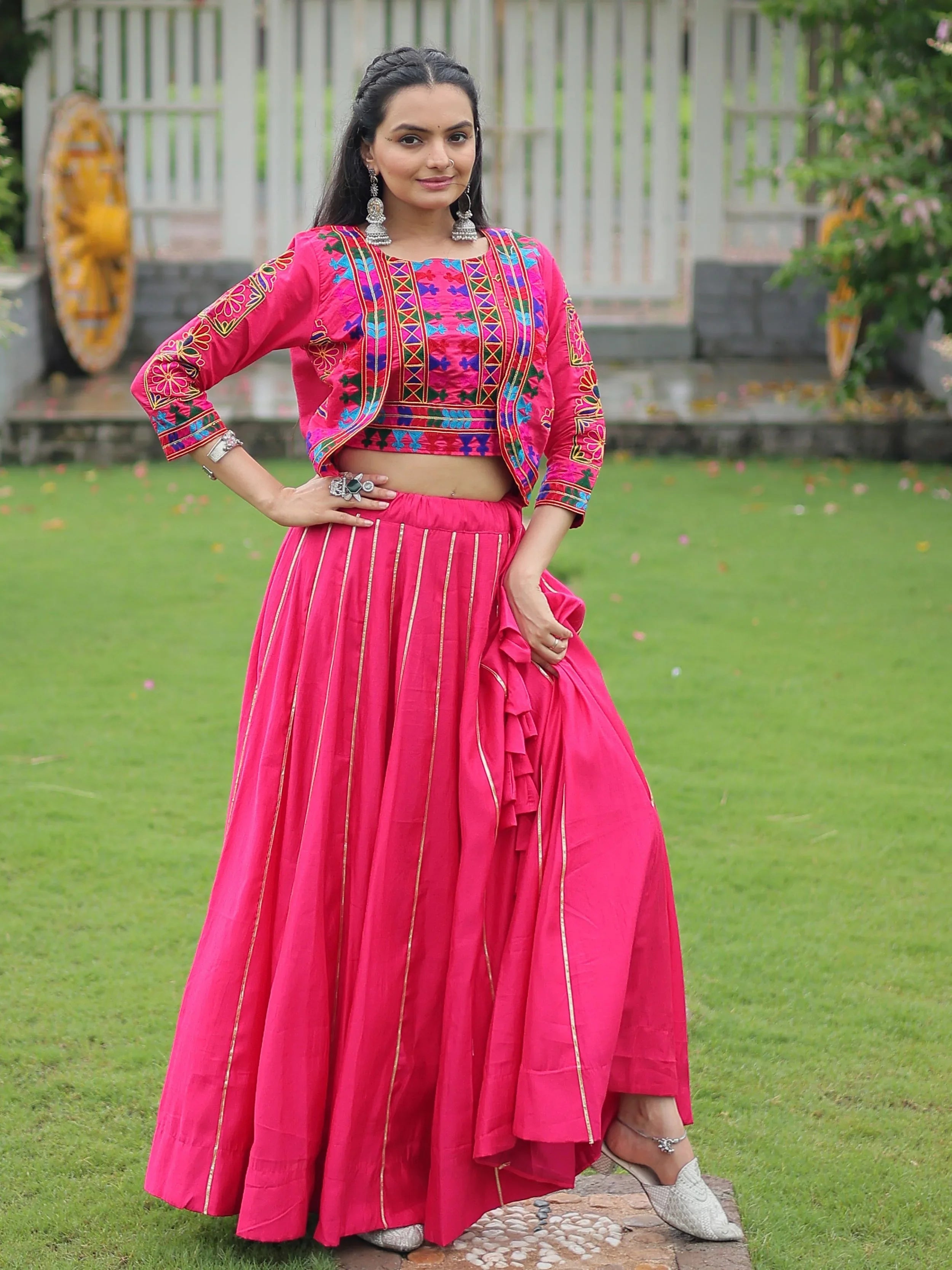 Pink Kutchi Gamthi Embroidered Gota Patti Lace Lehenga Choli With Koti