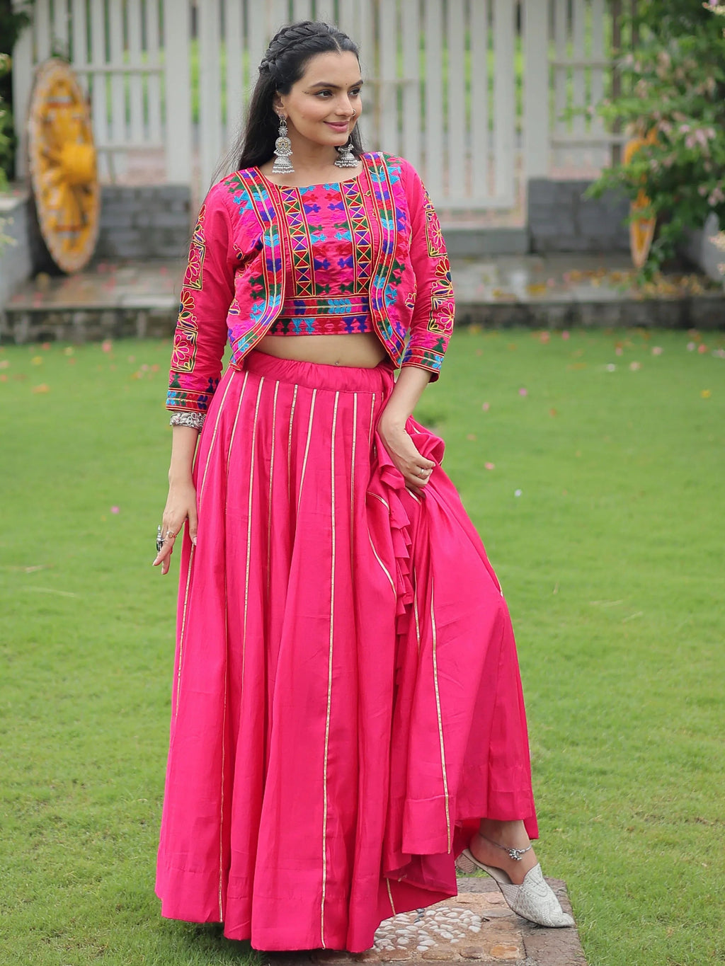 Pink Kutchi Gamthi Embroidered Gota Patti Lace Lehenga Choli With Koti