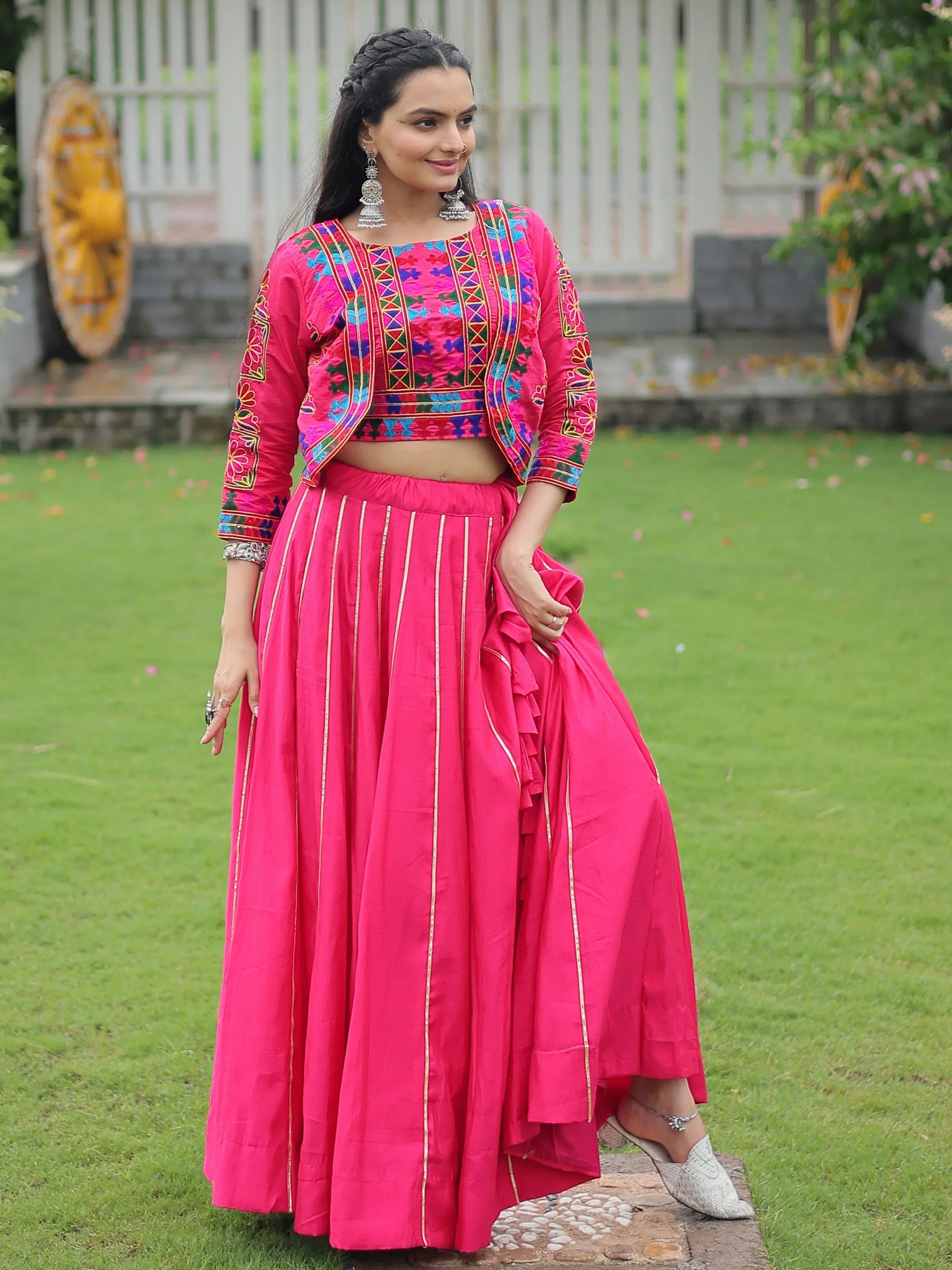 Pink Kutchi Gamthi Embroidered Gota Patti Lace Lehenga Choli With Koti